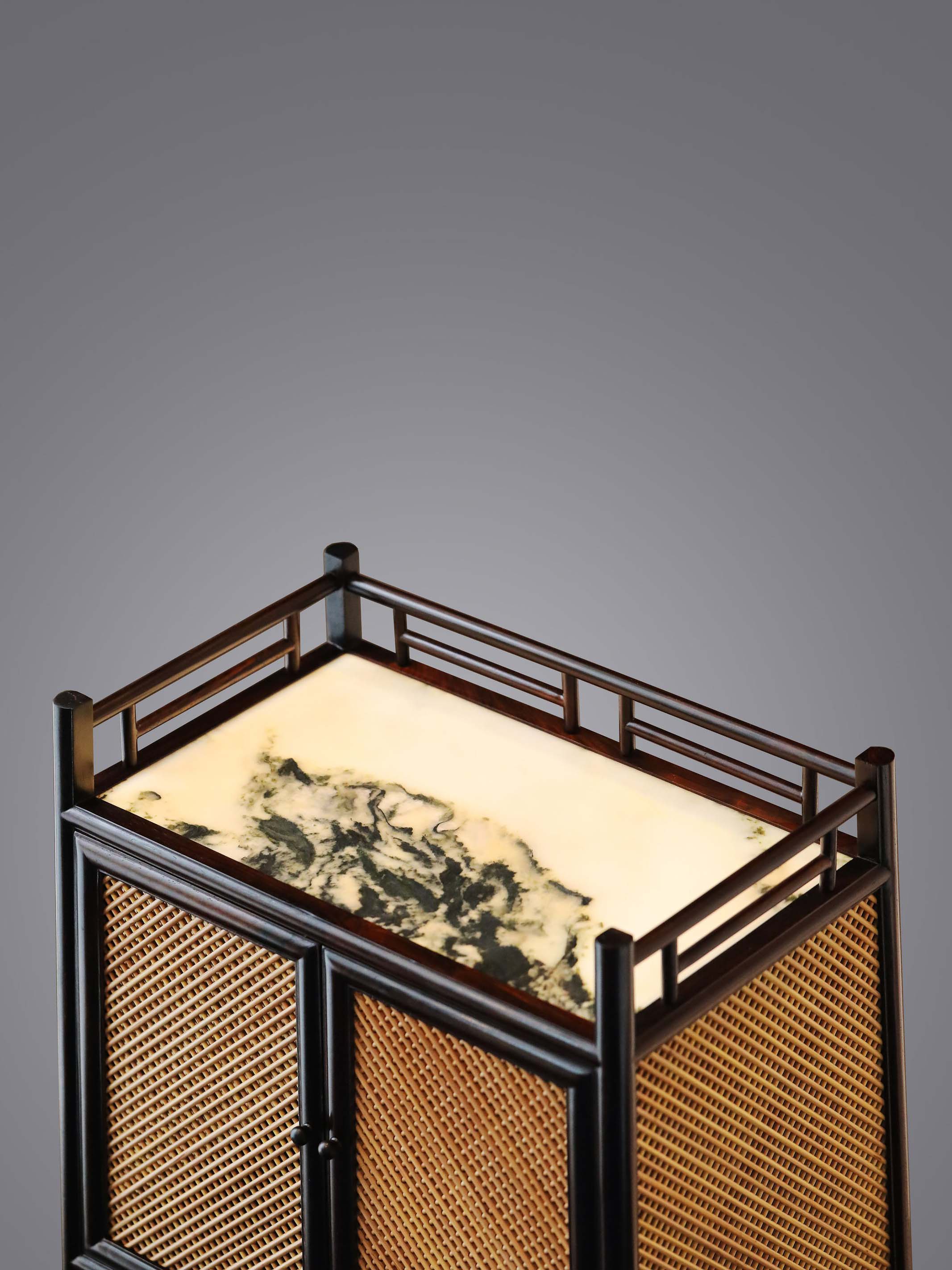 大红酸枝嵌黄杨木、云石竹韵茶柜