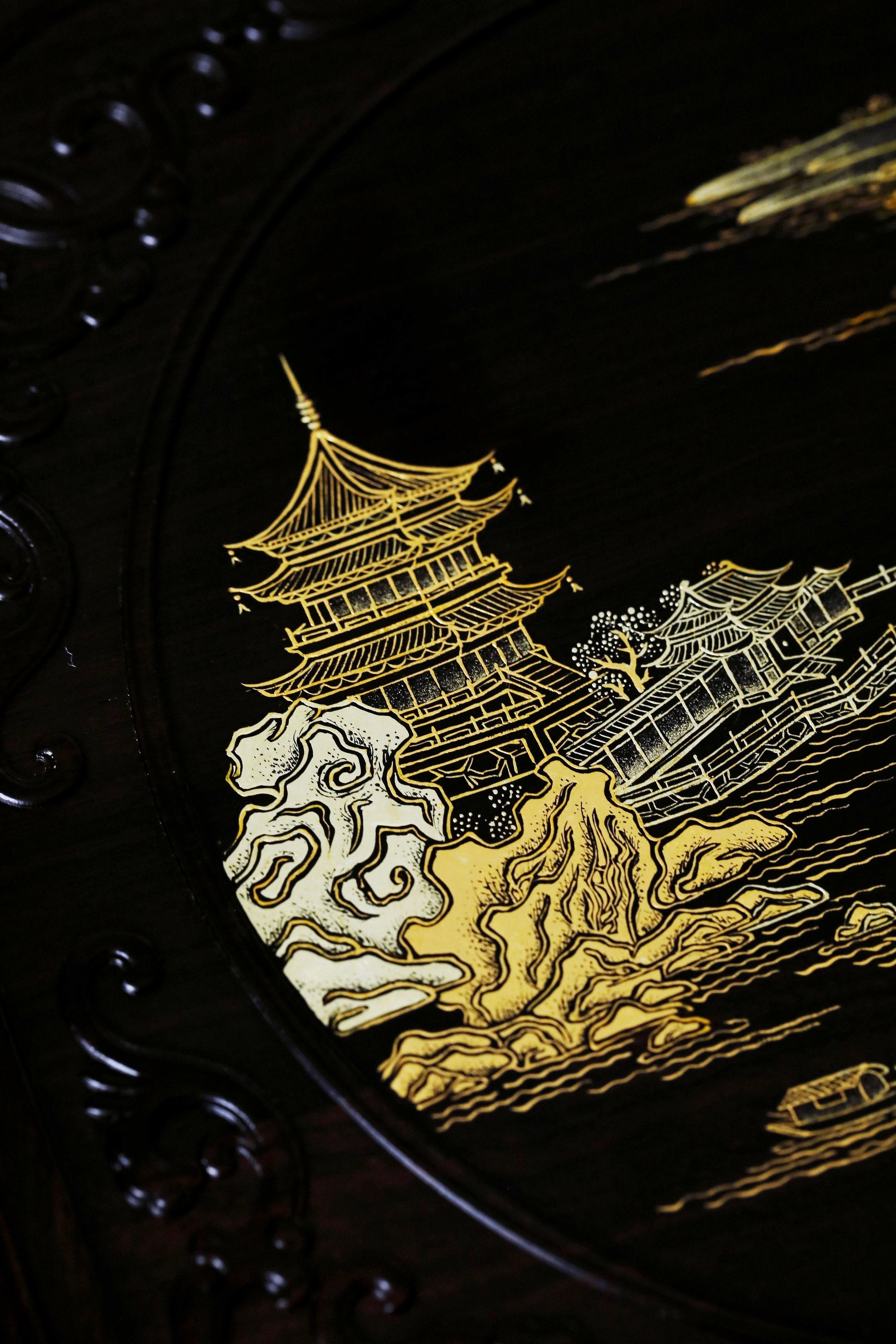 紫光檀描金仙阁图三层八角茶盒