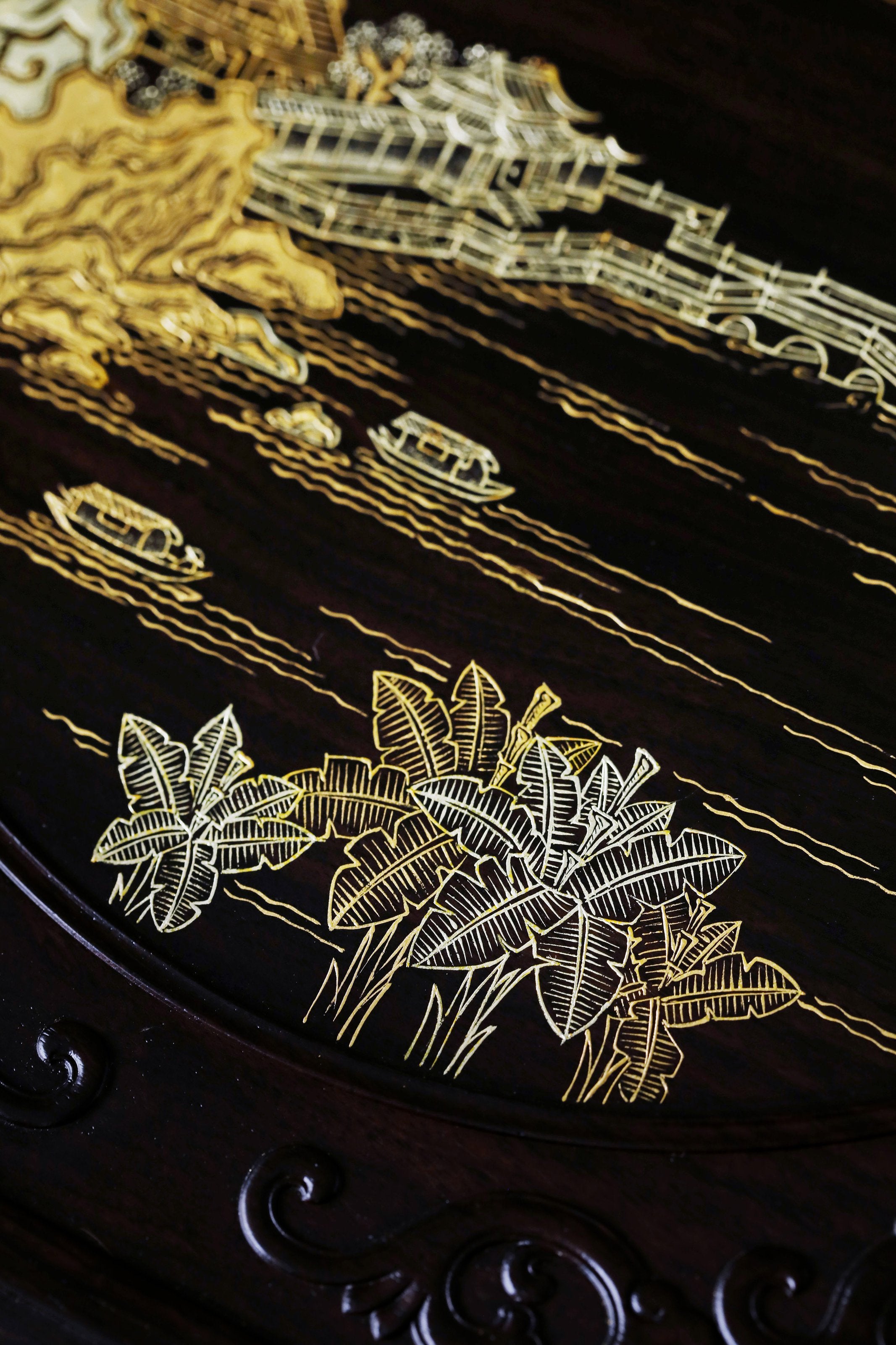 紫光檀描金仙阁图三层八角茶盒