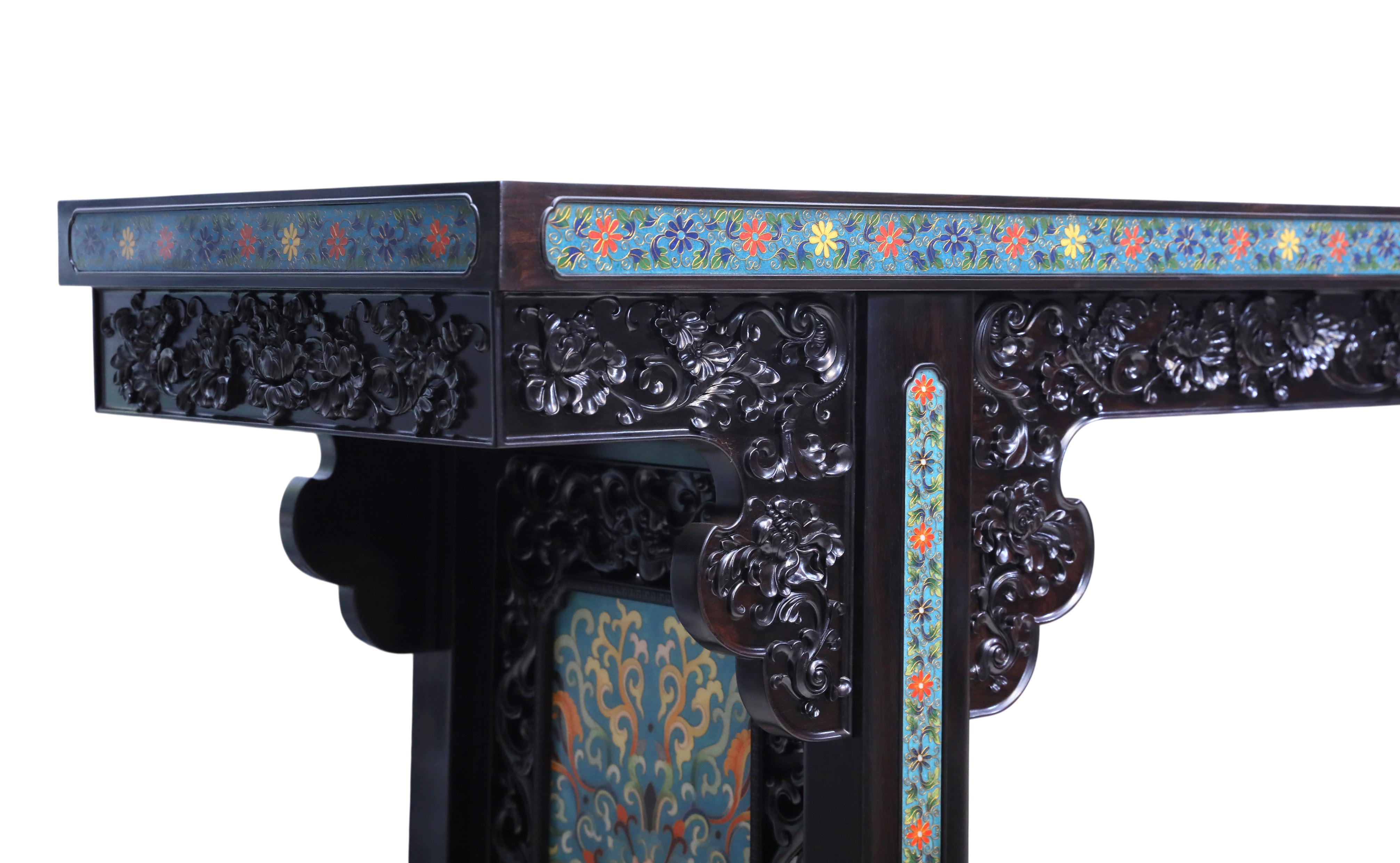 紫光檀雕西番莲珐琅缠枝宝相花平头案