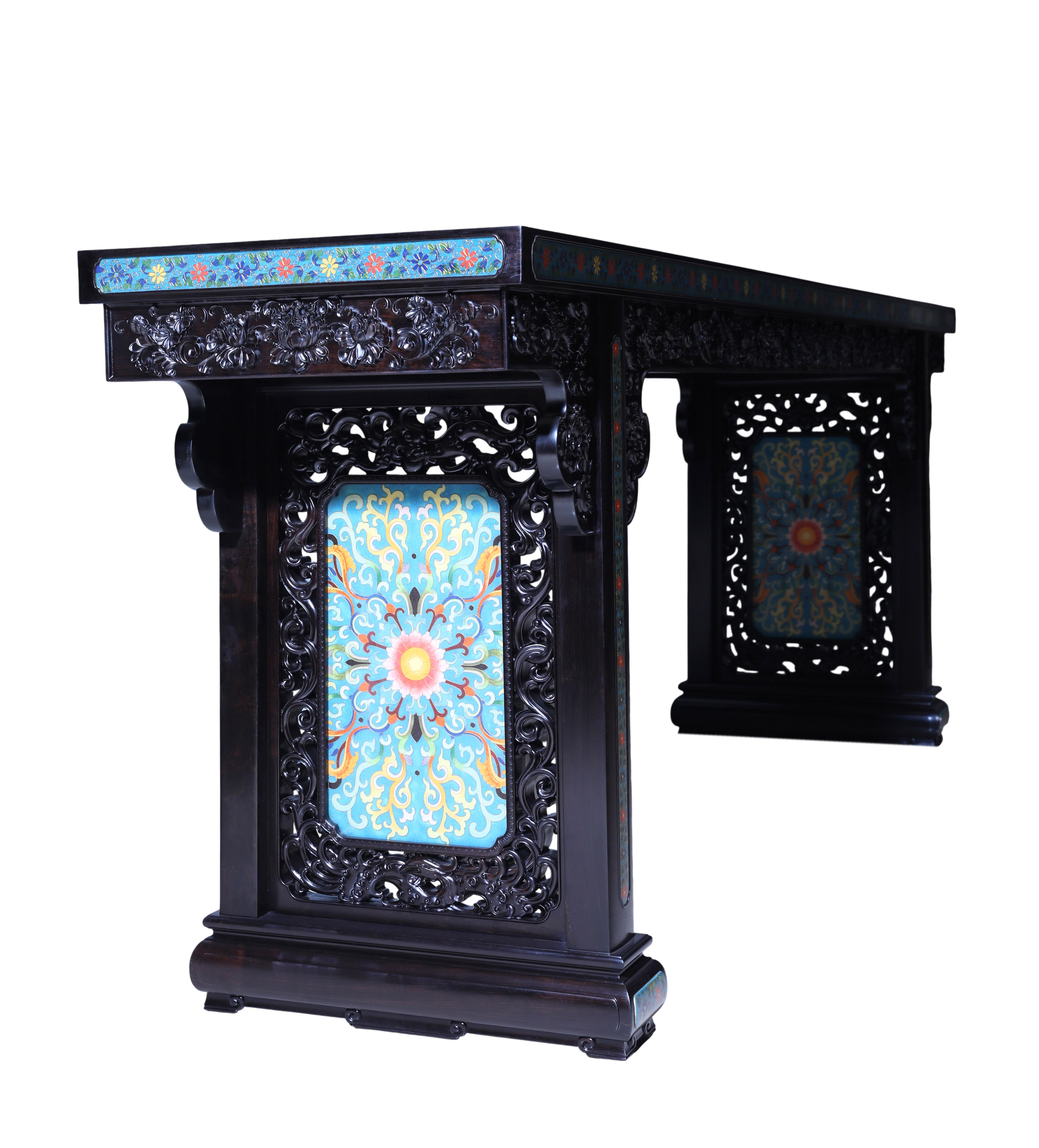 紫光檀雕西番莲珐琅缠枝宝相花平头案