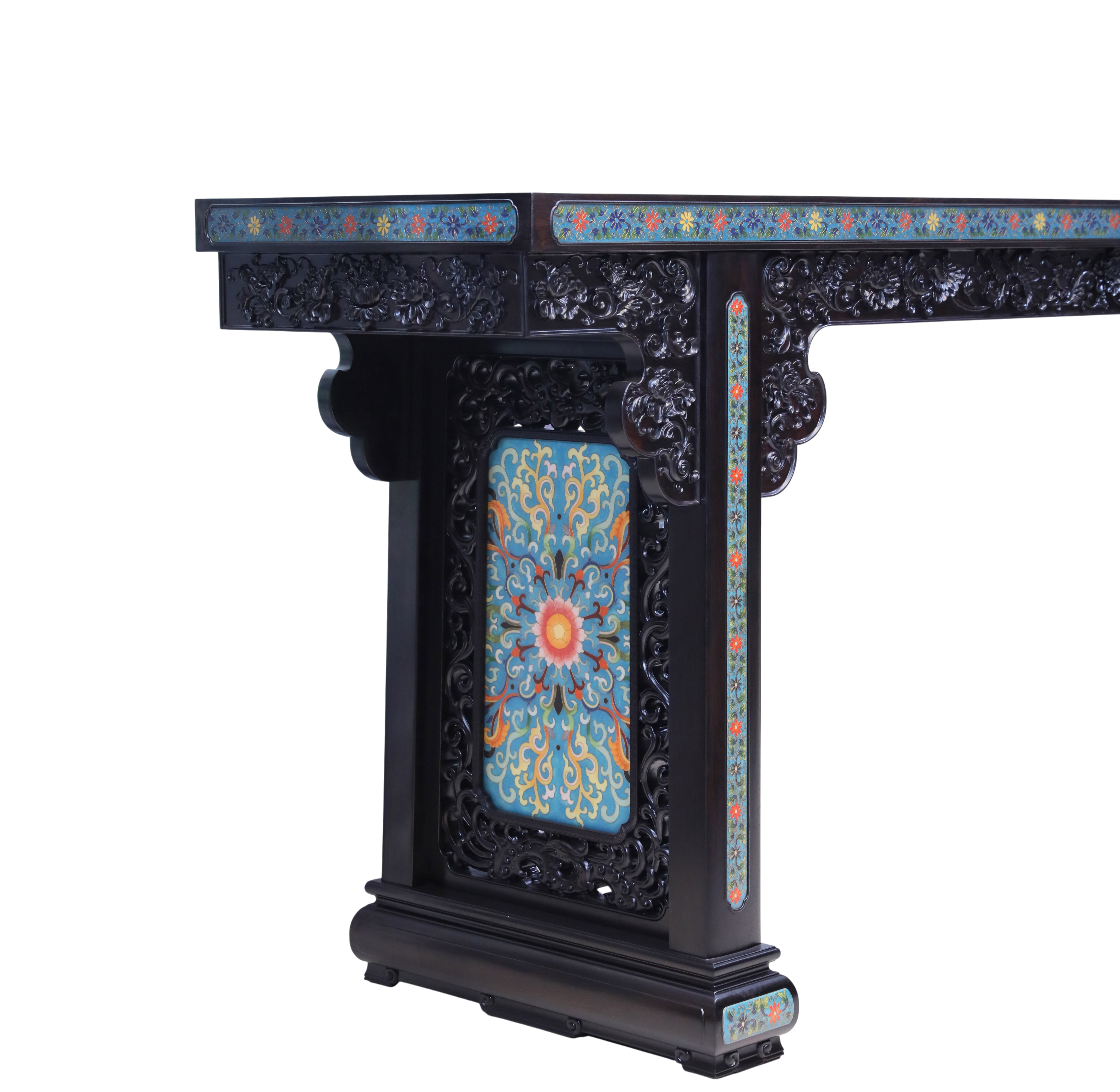 紫光檀雕西番莲珐琅缠枝宝相花平头案