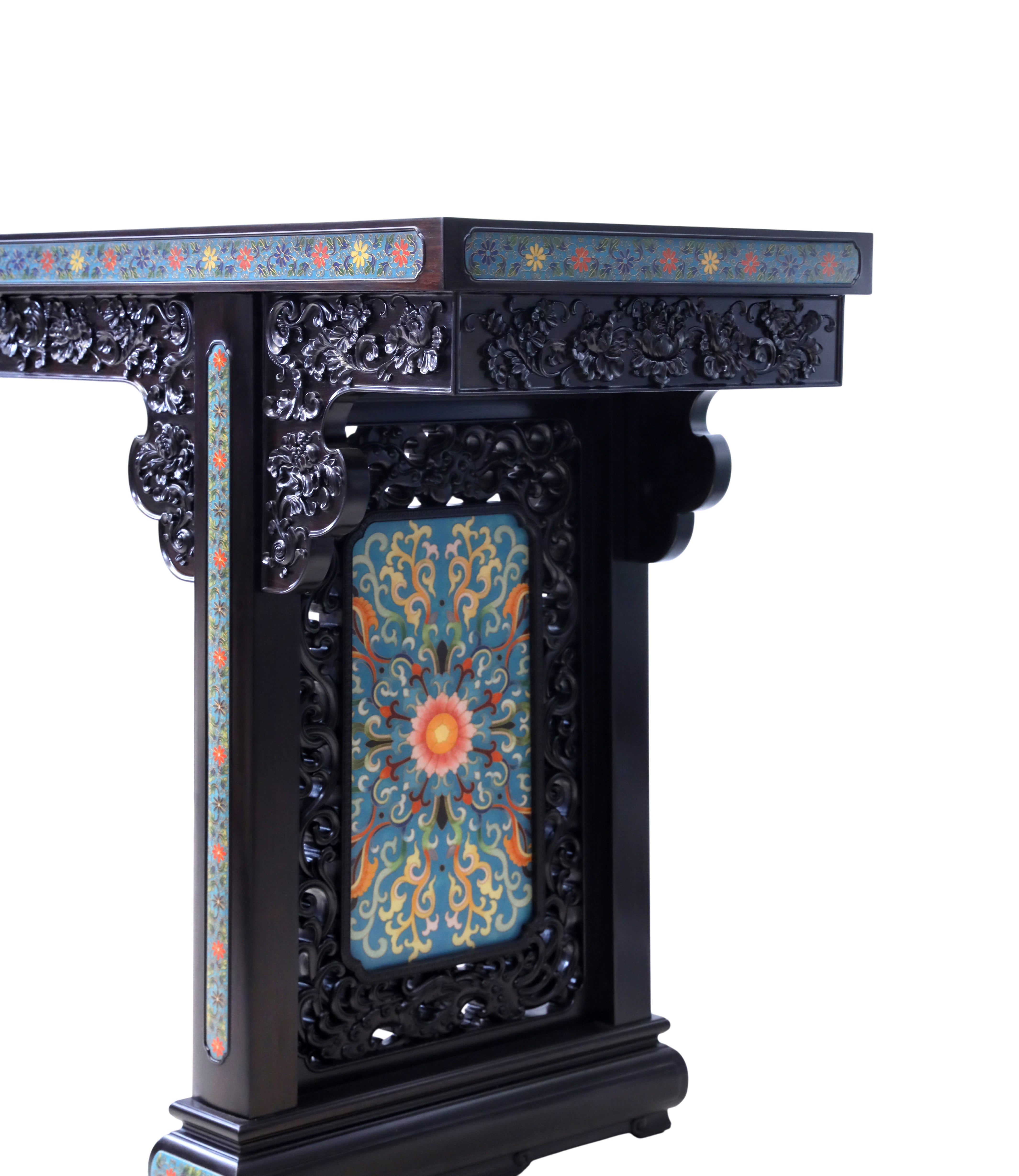 紫光檀雕西番莲珐琅缠枝宝相花平头案