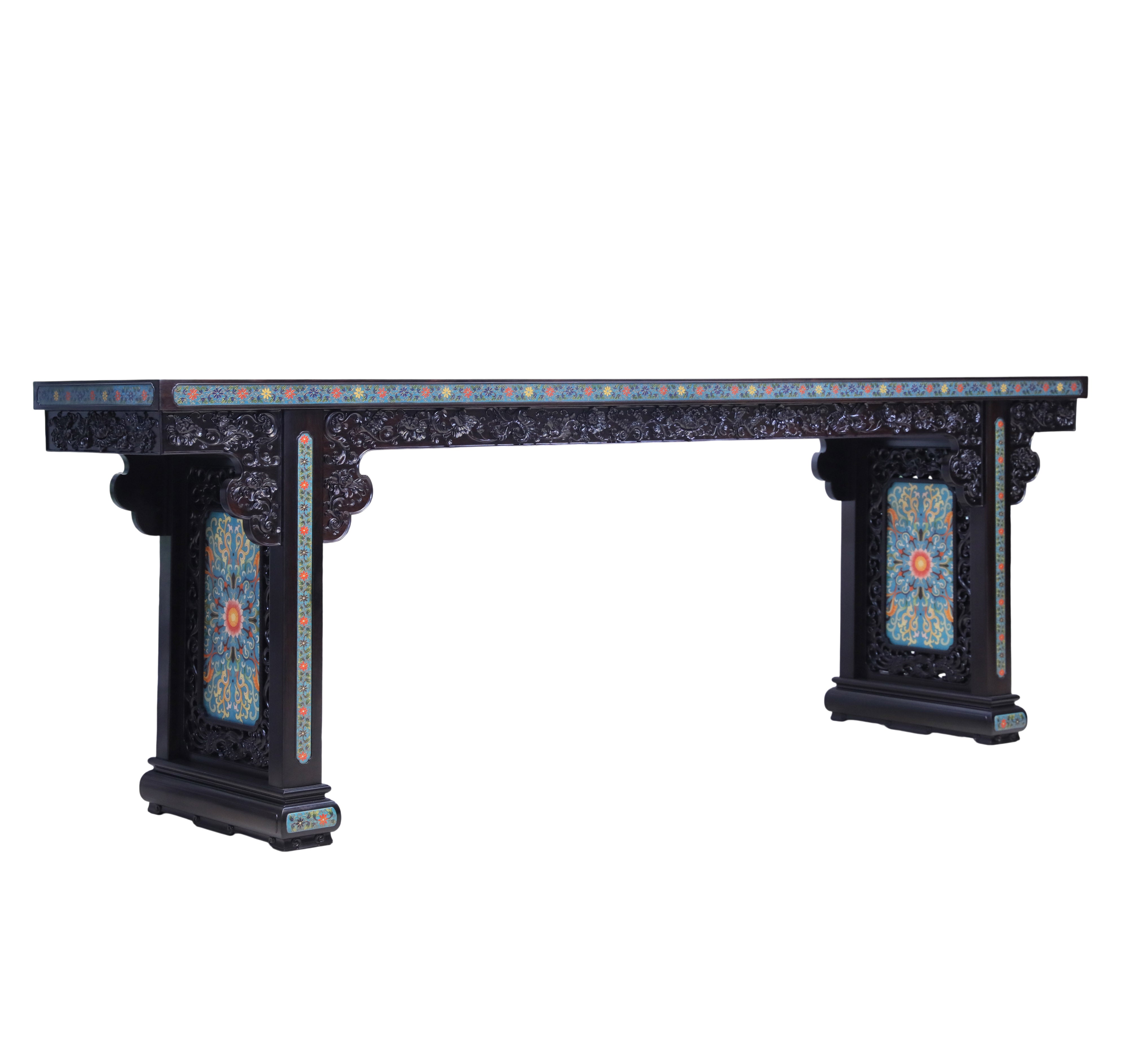 紫光檀雕西番莲珐琅缠枝宝相花平头案