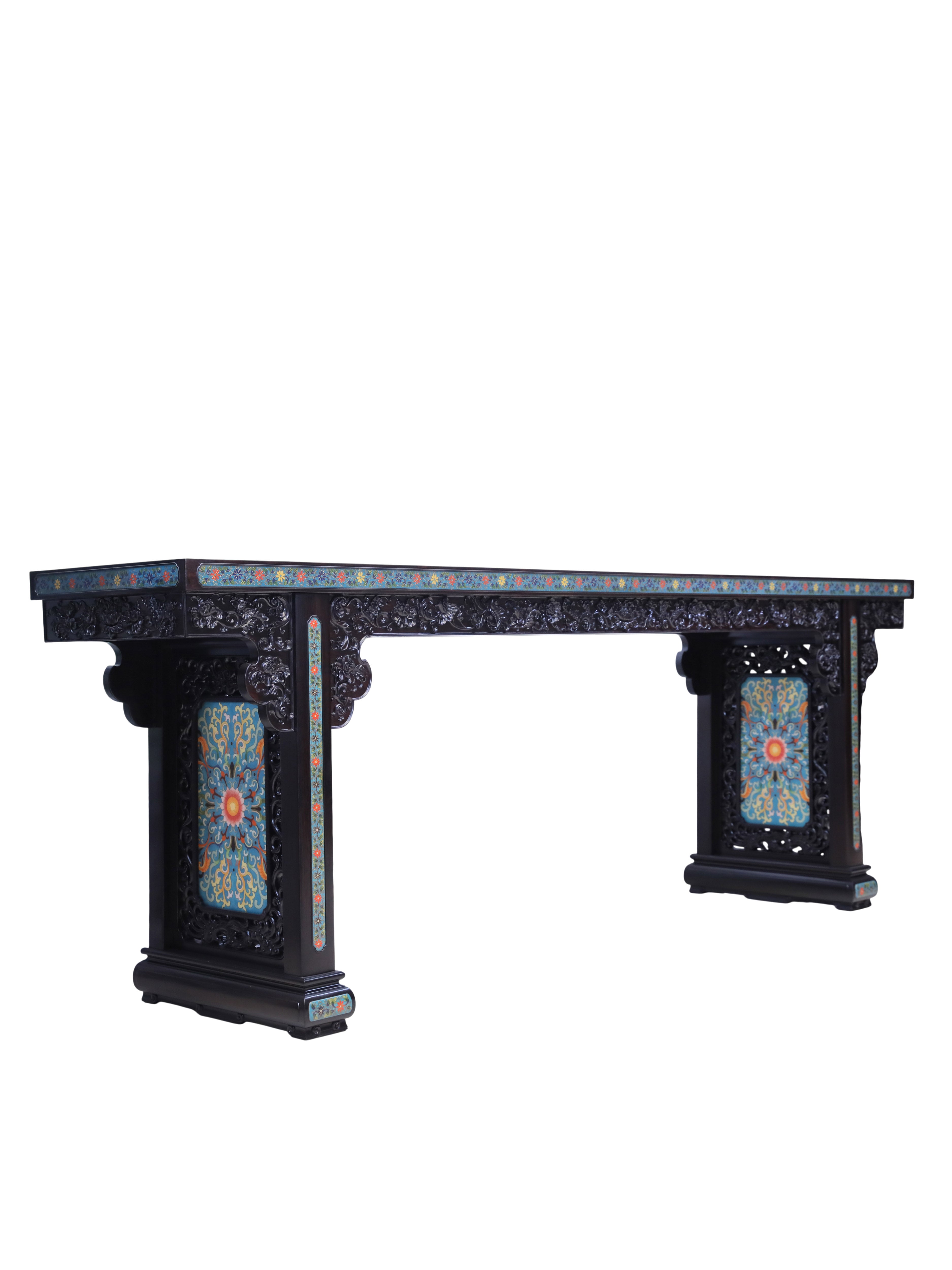 紫光檀雕西番莲珐琅缠枝宝相花平头案