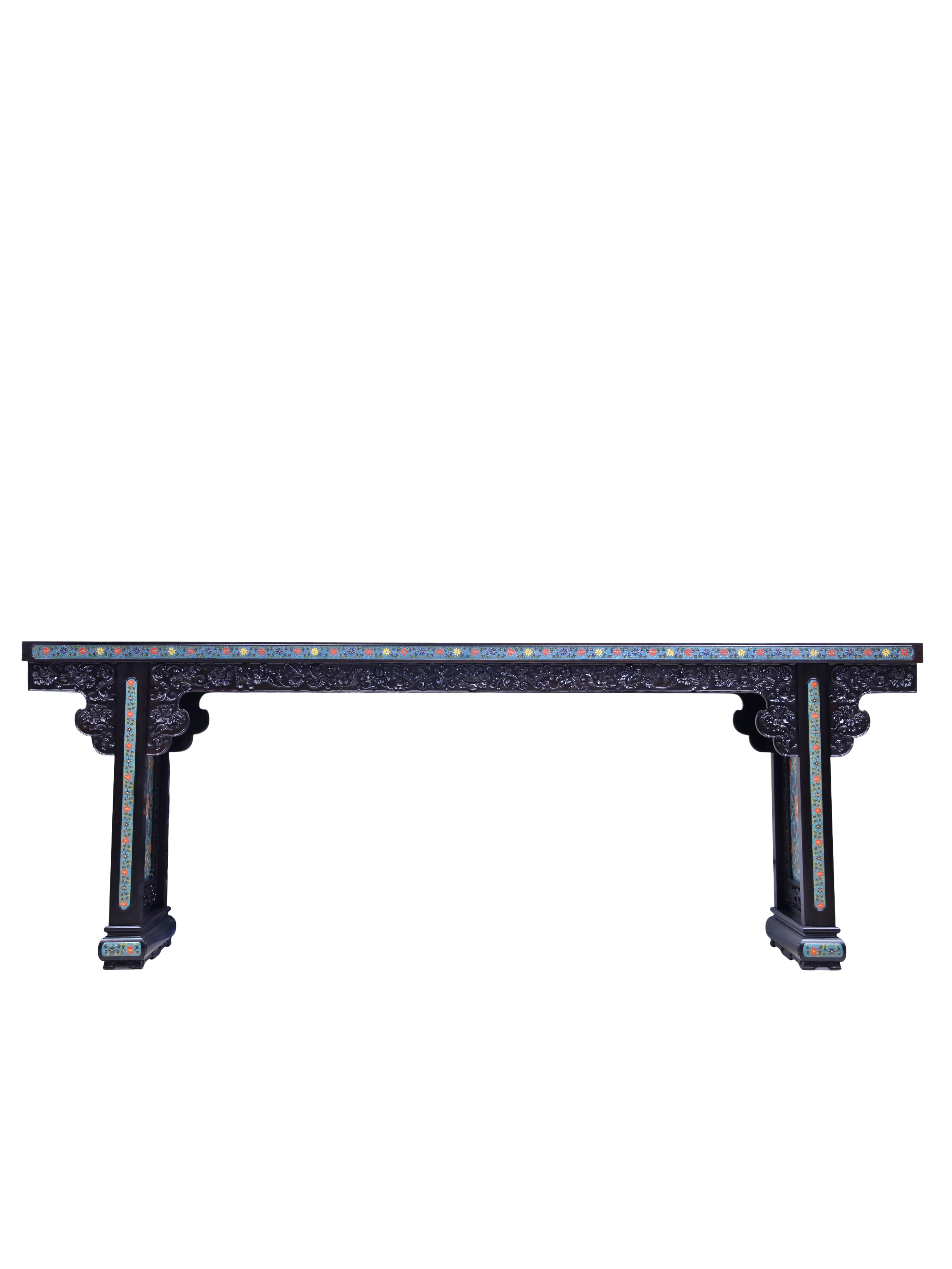 紫光檀雕西番莲珐琅缠枝宝相花平头案