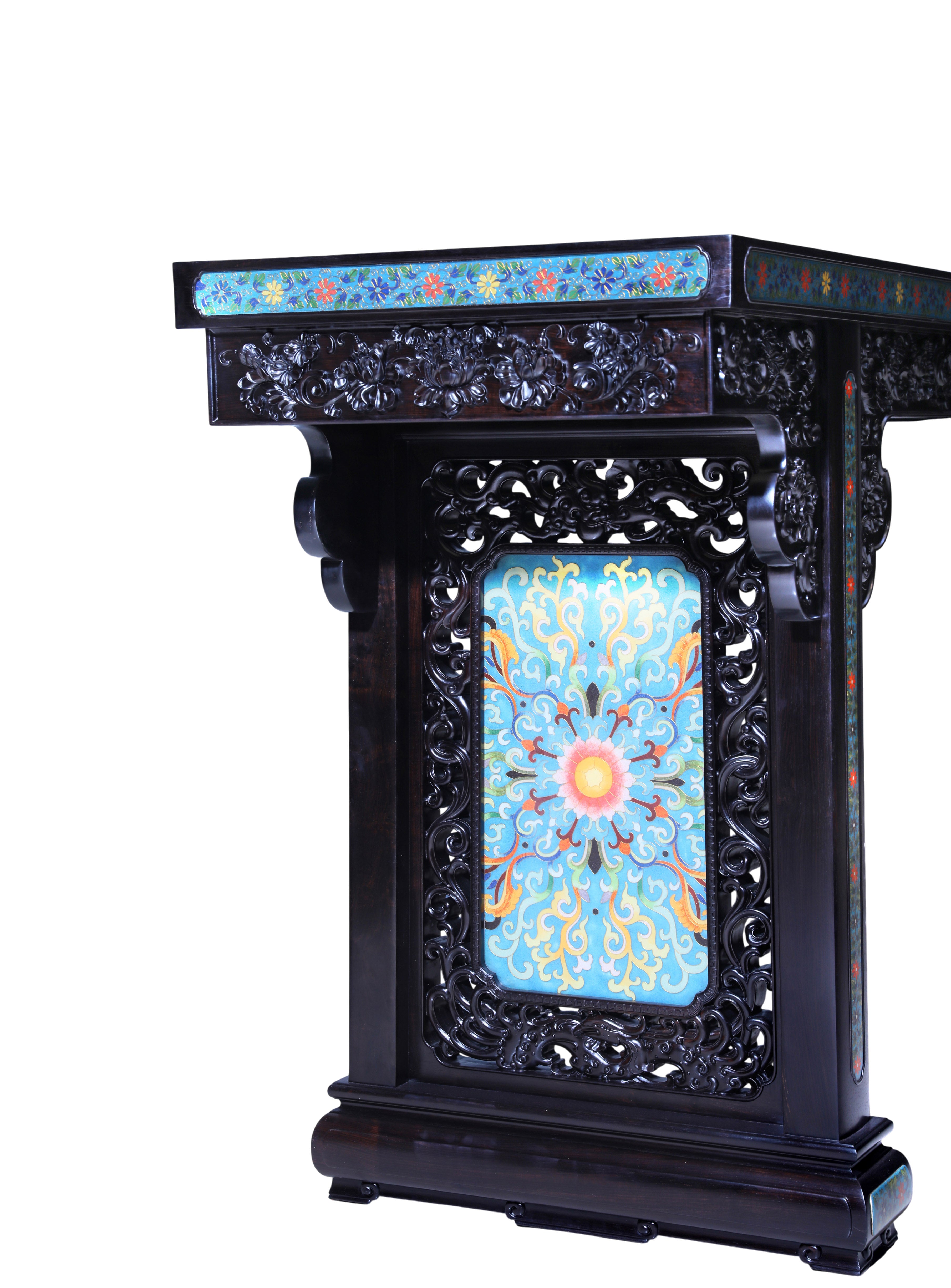 紫光檀雕西番莲珐琅缠枝宝相花平头案