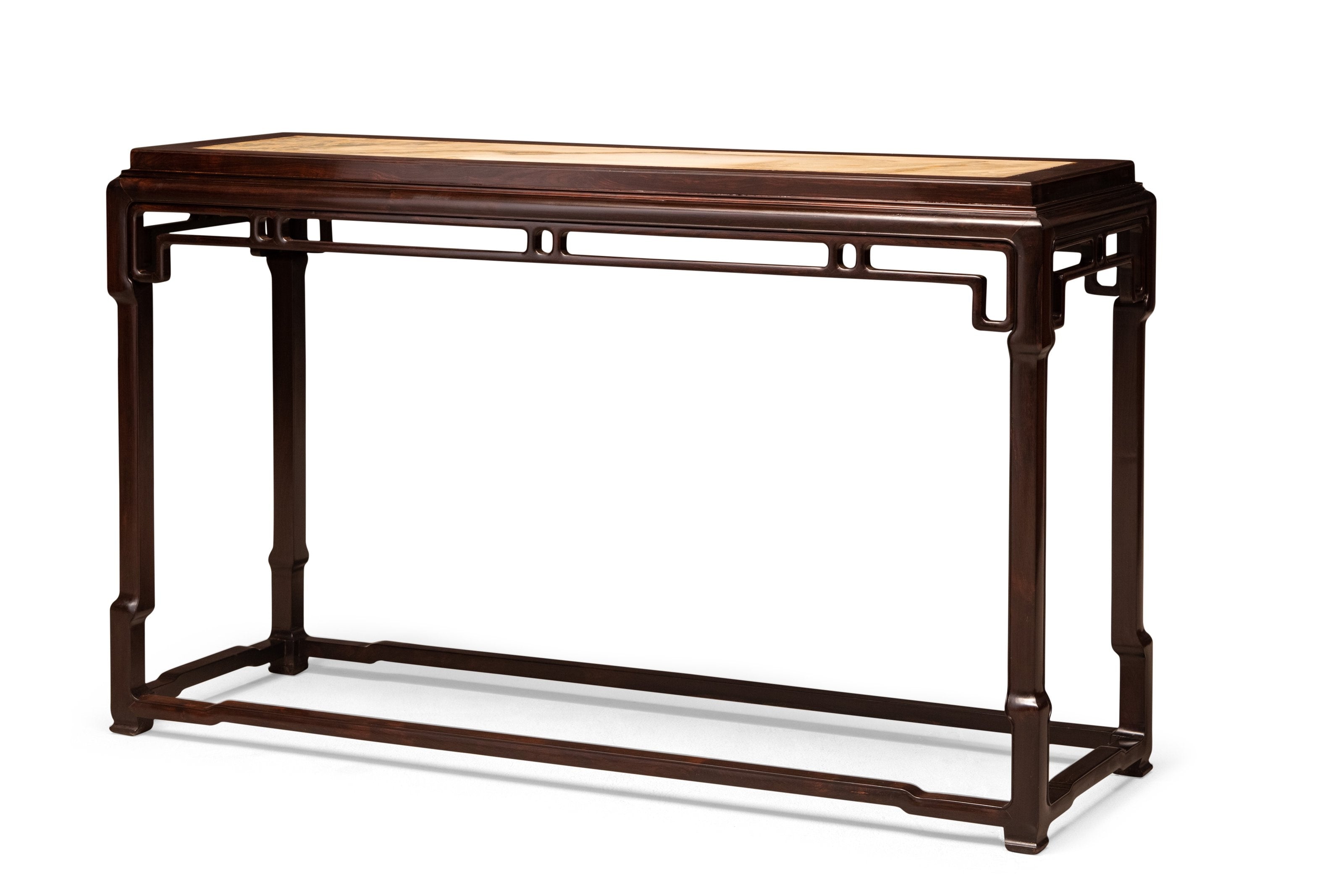 紫光檀云石面攒牙子展腿式条桌