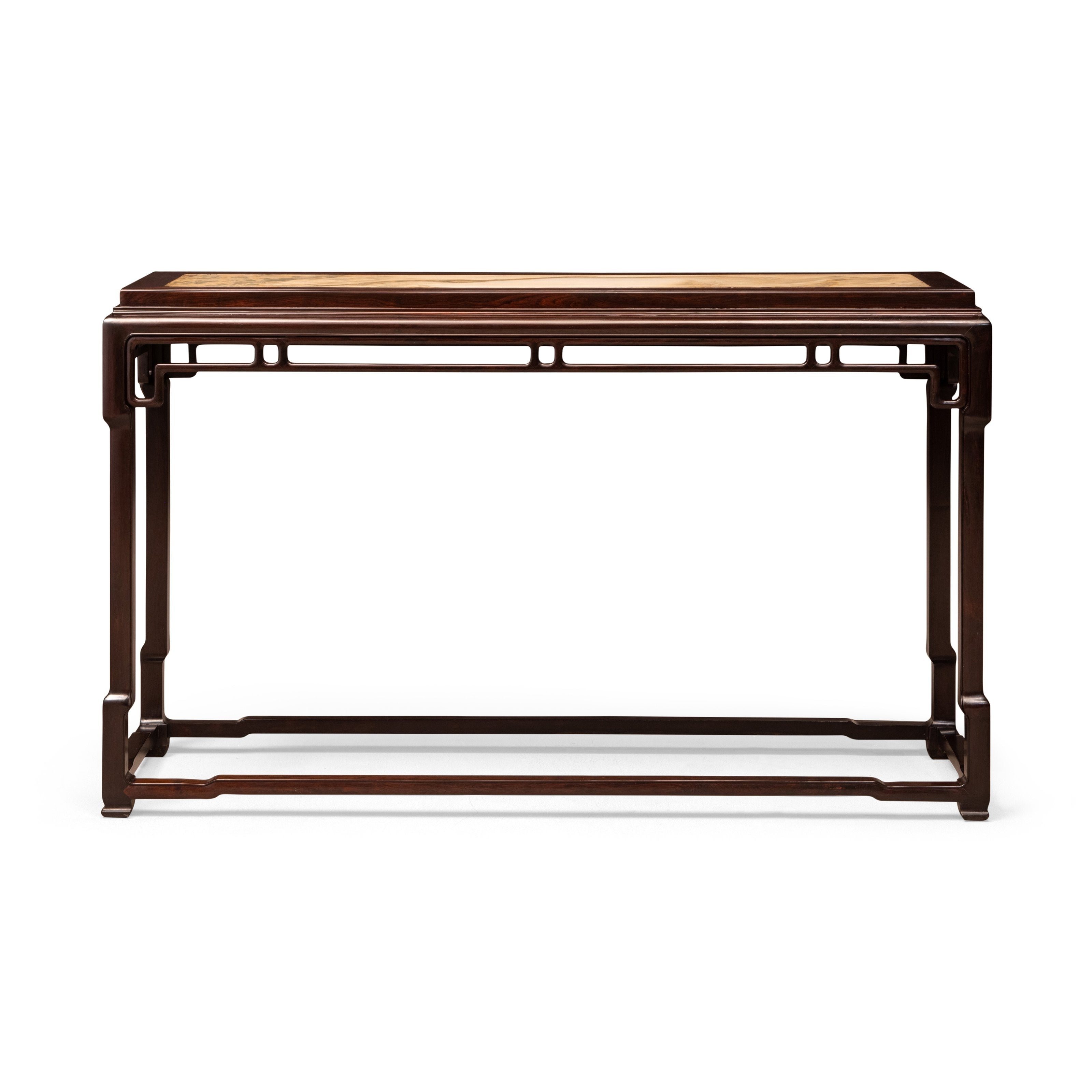 紫光檀云石面攒牙子展腿式条桌