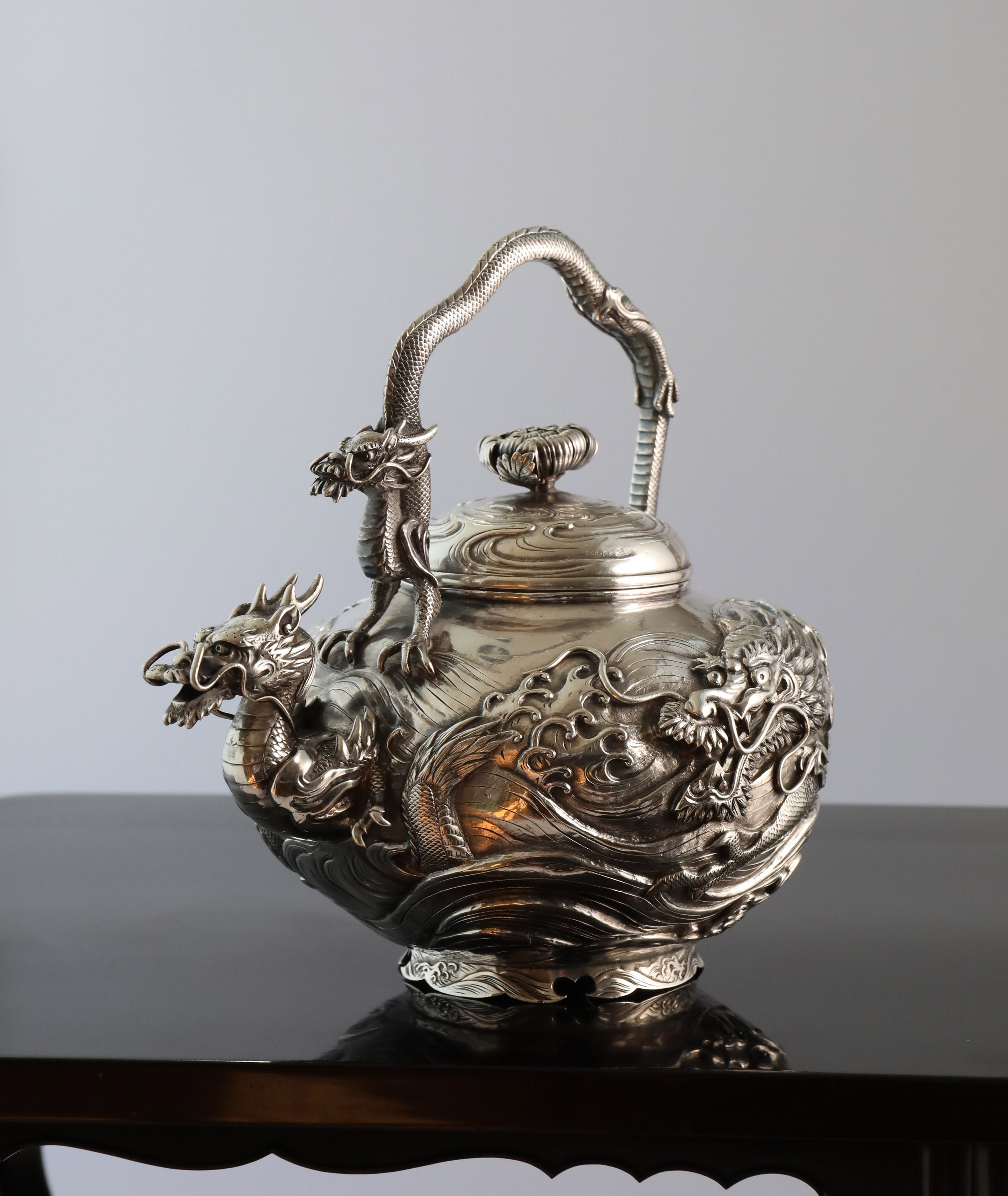 1890 Japanese Yoshitaka Dragon Pattern Sterling Silver Teapot/Tea Canister