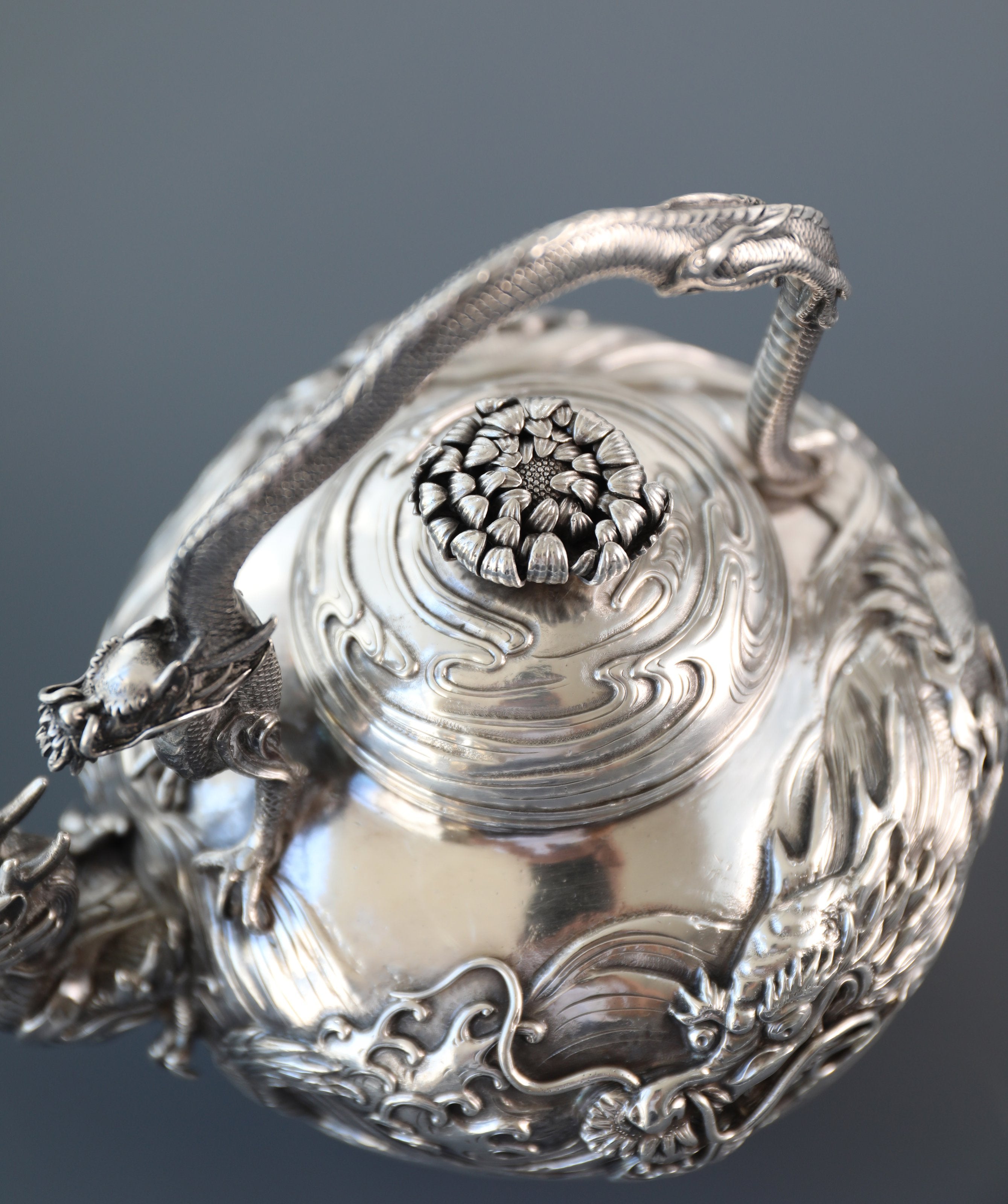1890 Japanese Yoshitaka Dragon Pattern Sterling Silver Teapot/Tea Canister