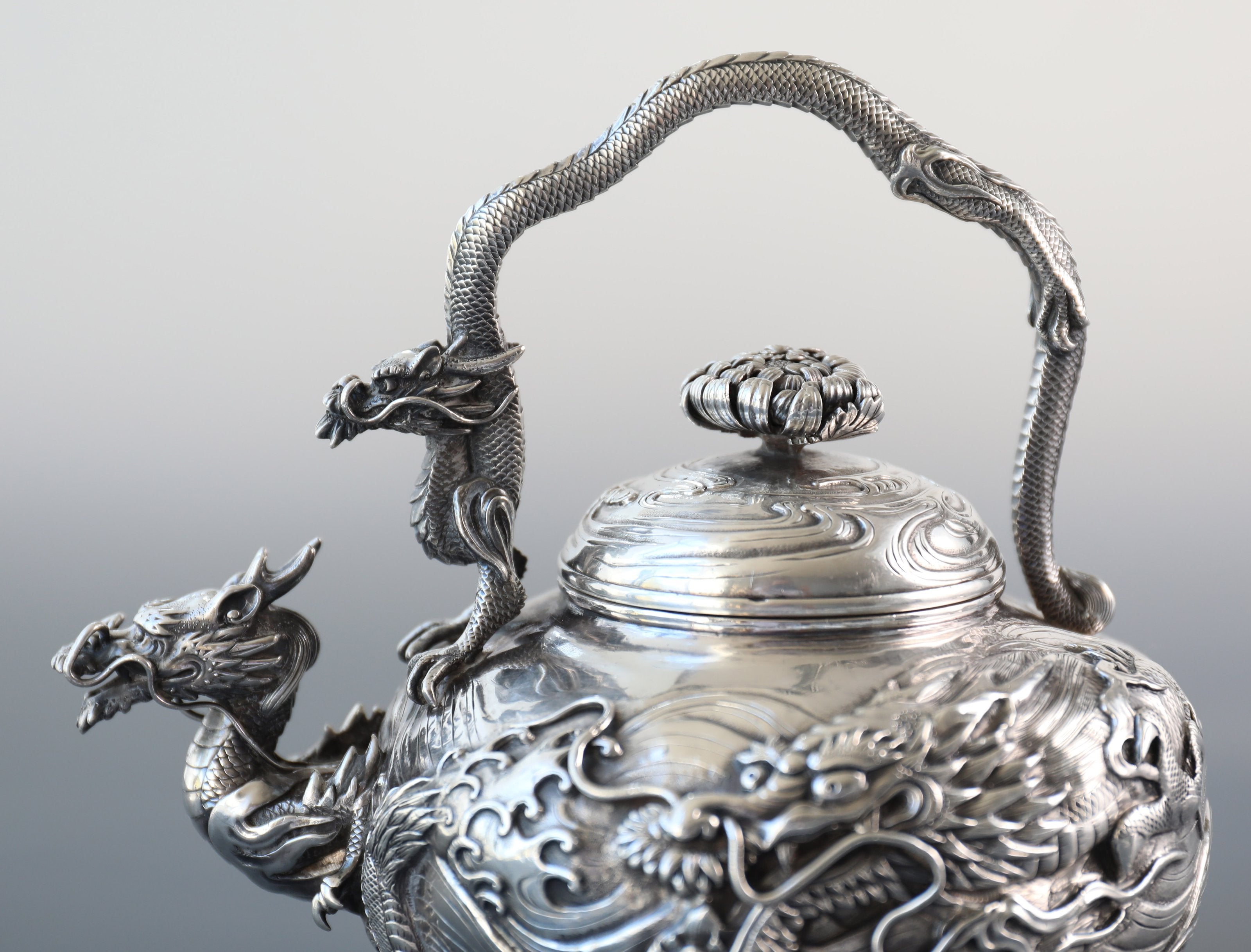 1890 Japanese Yoshitaka Dragon Pattern Sterling Silver Teapot/Tea Canister