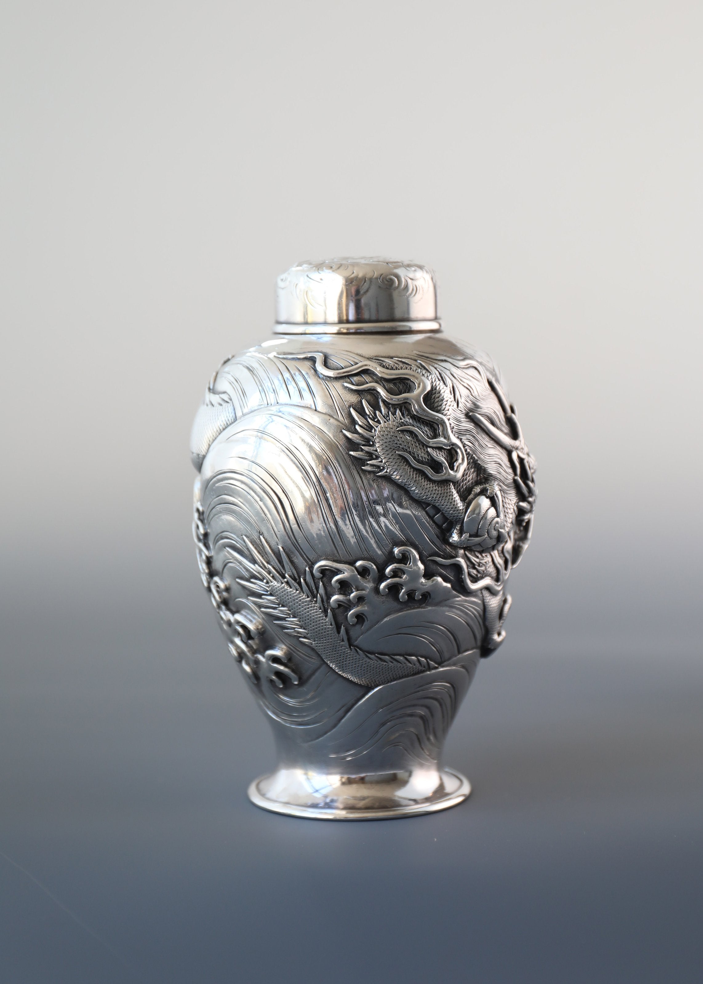 1890 Japanese Yoshitaka Dragon Pattern Sterling Silver Teapot/Tea Canister