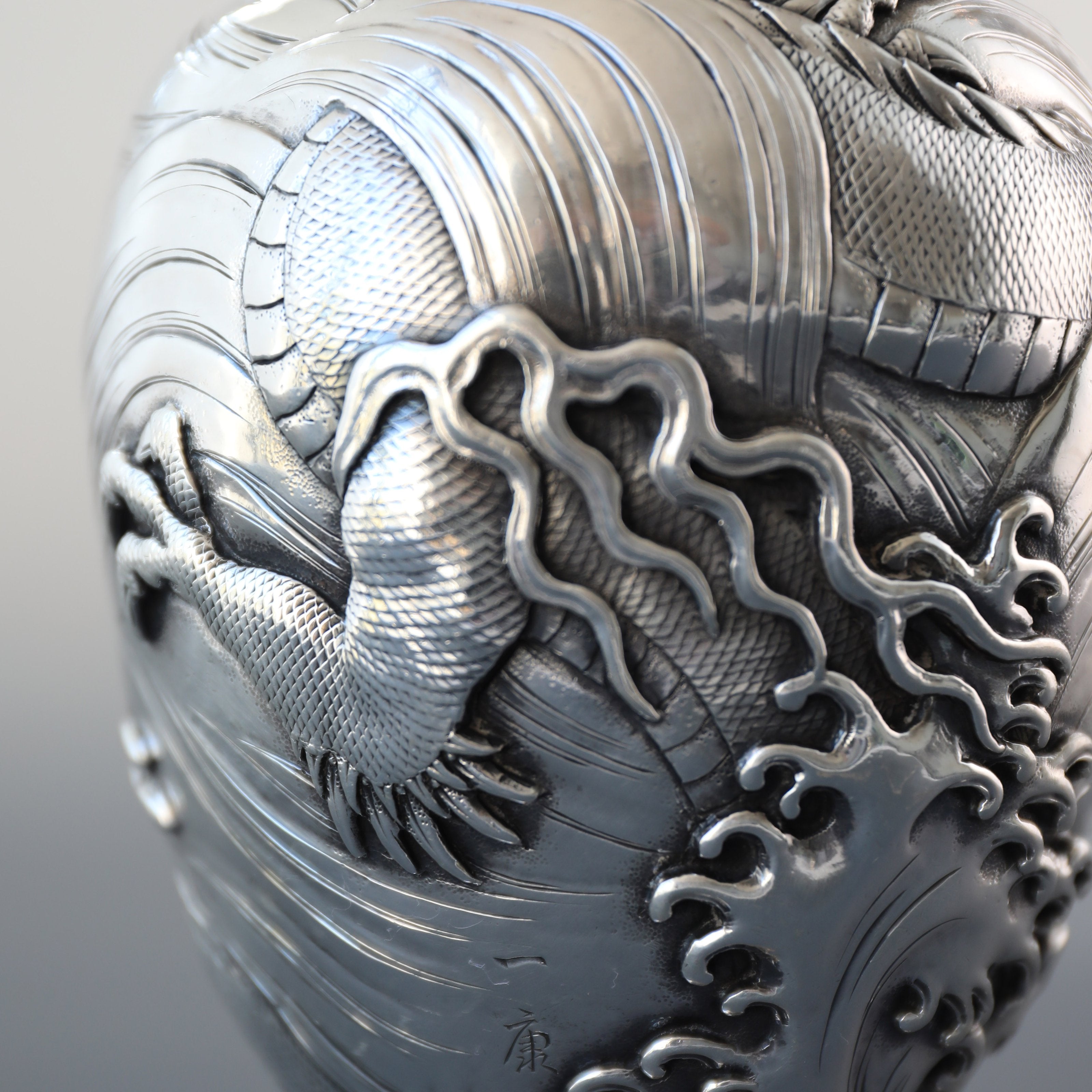 1890 Japanese Yoshitaka Dragon Pattern Sterling Silver Teapot/Tea Canister