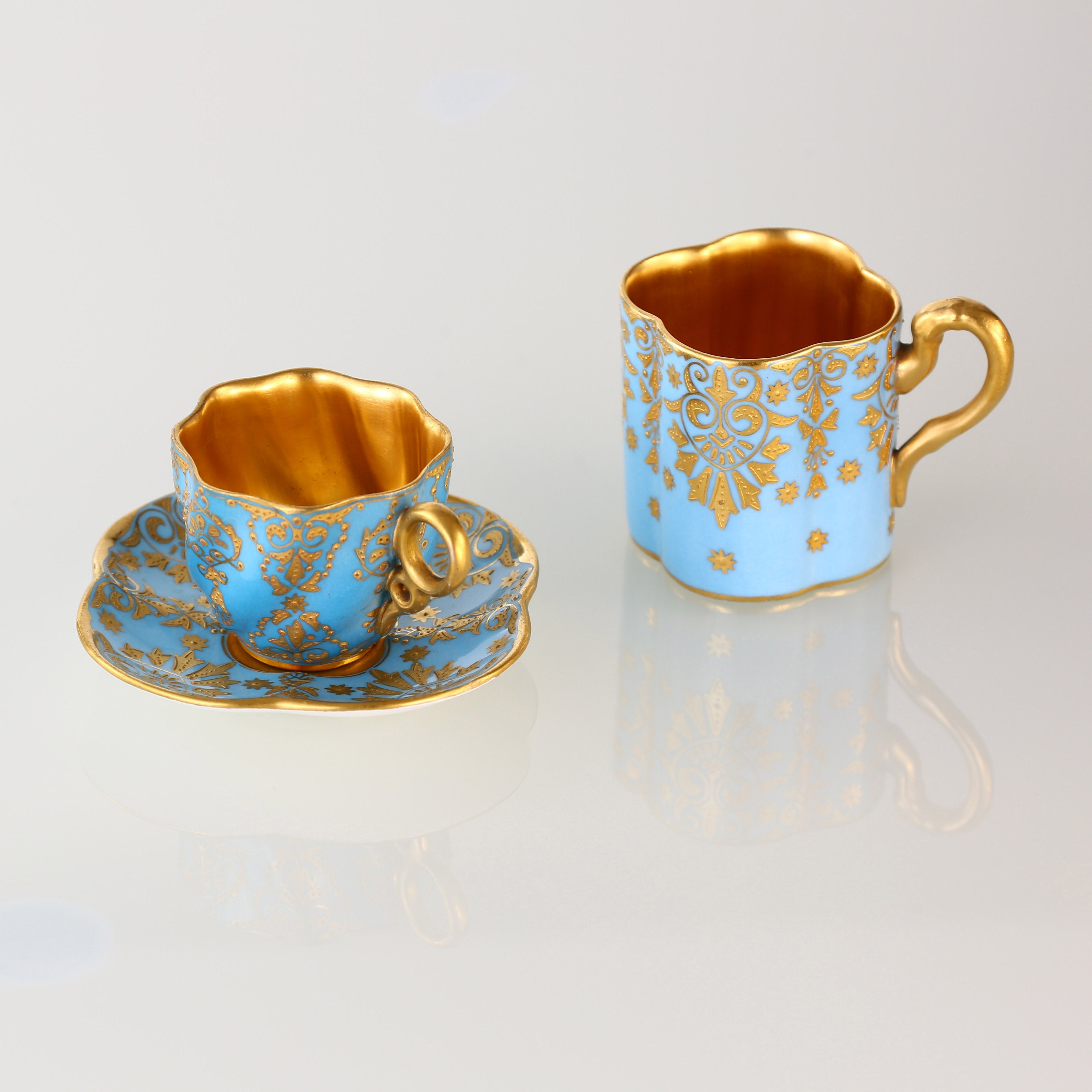 1891 Sky-blue Glazed 24K Gold-gilded Interior & Gilt-painted Lucky Clover Cup