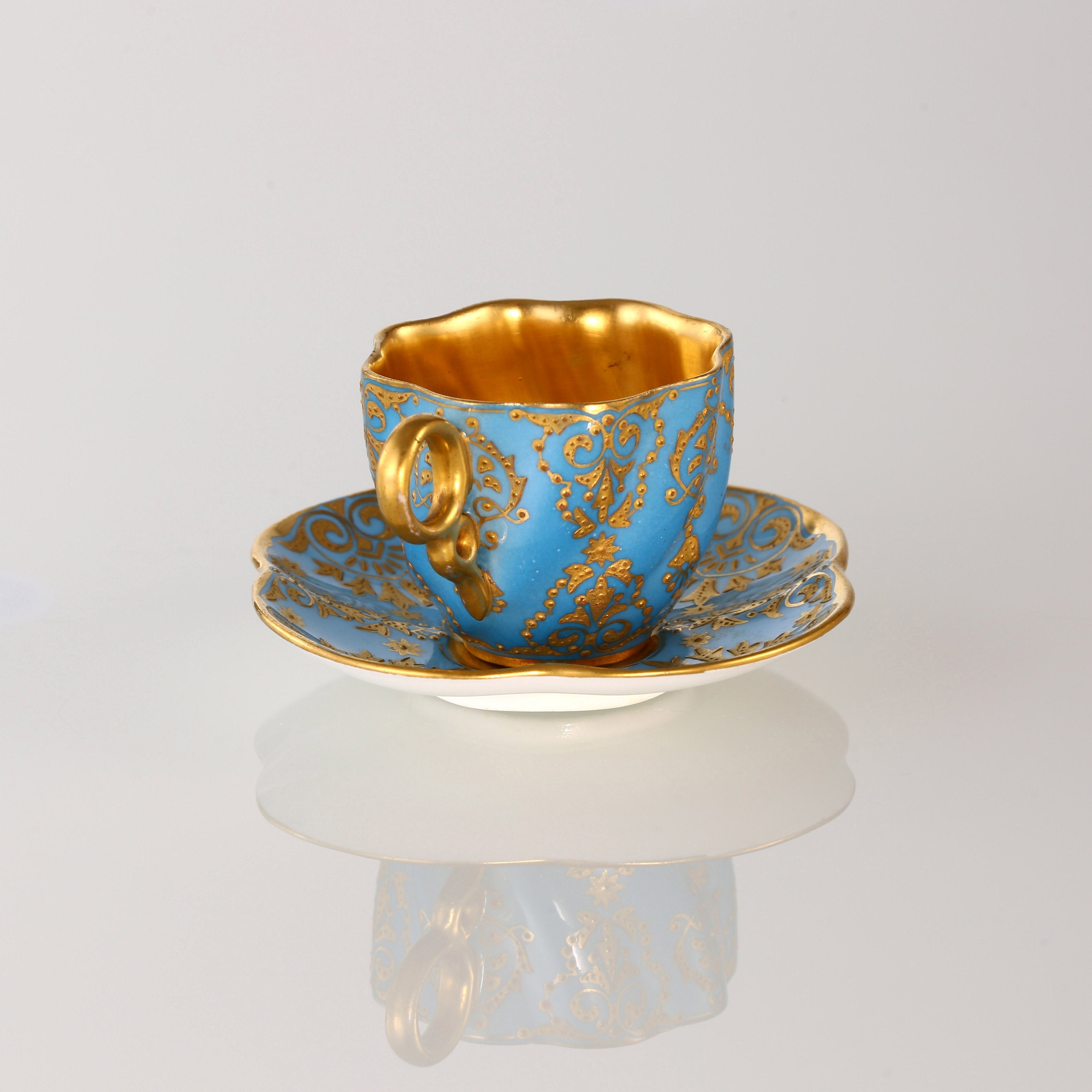 1891 Sky-blue Glazed 24K Gold-gilded Interior & Gilt-painted Lucky Clover Cup