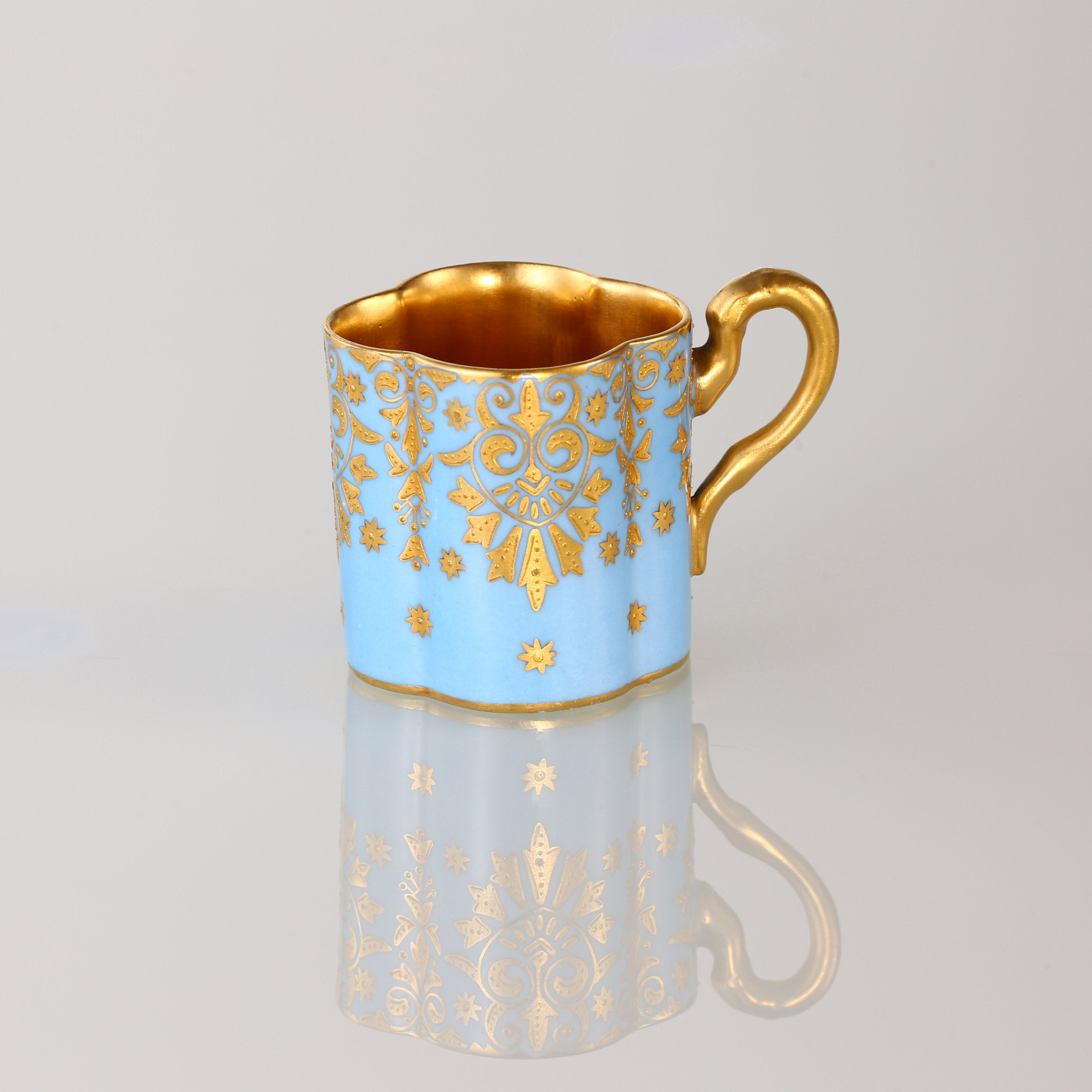 1891 Sky-blue Glazed 24K Gold-gilded Interior & Gilt-painted Lucky Clover Cup