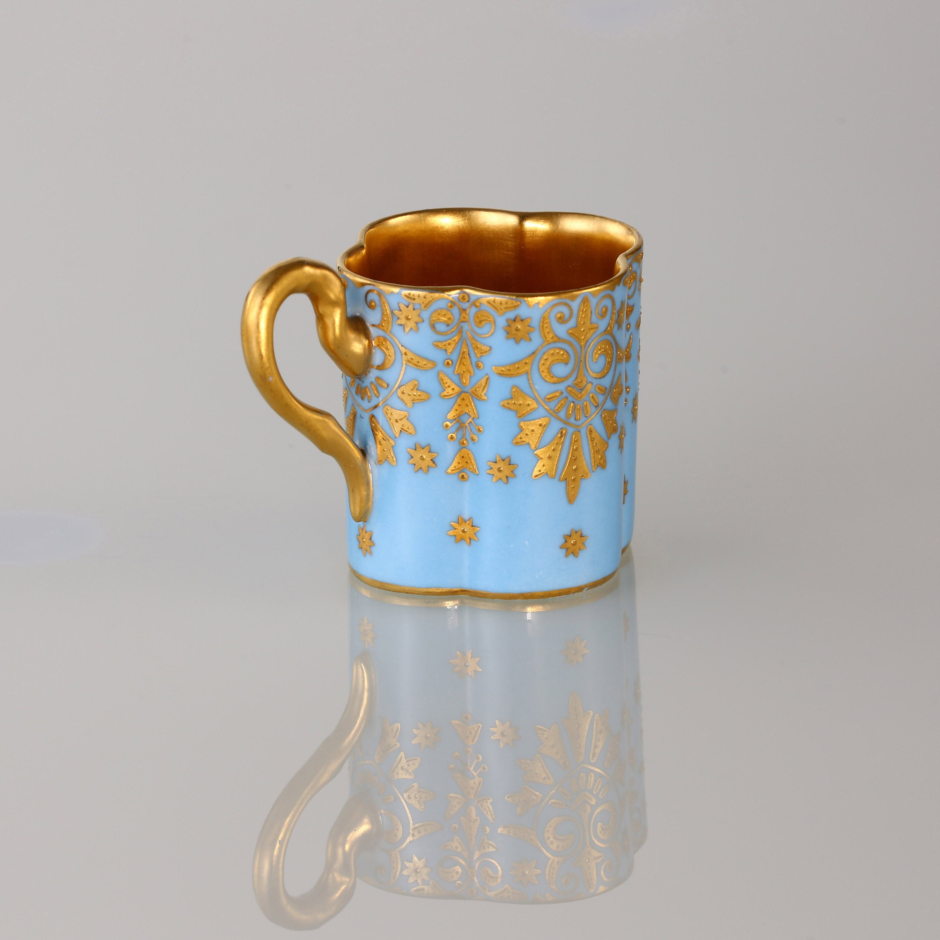 1891 Sky-blue Glazed 24K Gold-gilded Interior & Gilt-painted Lucky Clover Cup