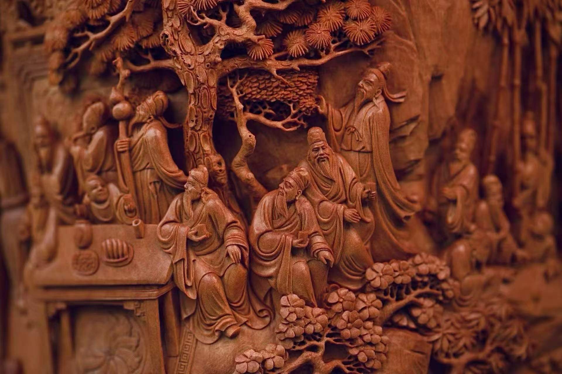 Old‑Sandalwood Brush Pot with Deep‑Relief Carvings of the Eighteen Scholars