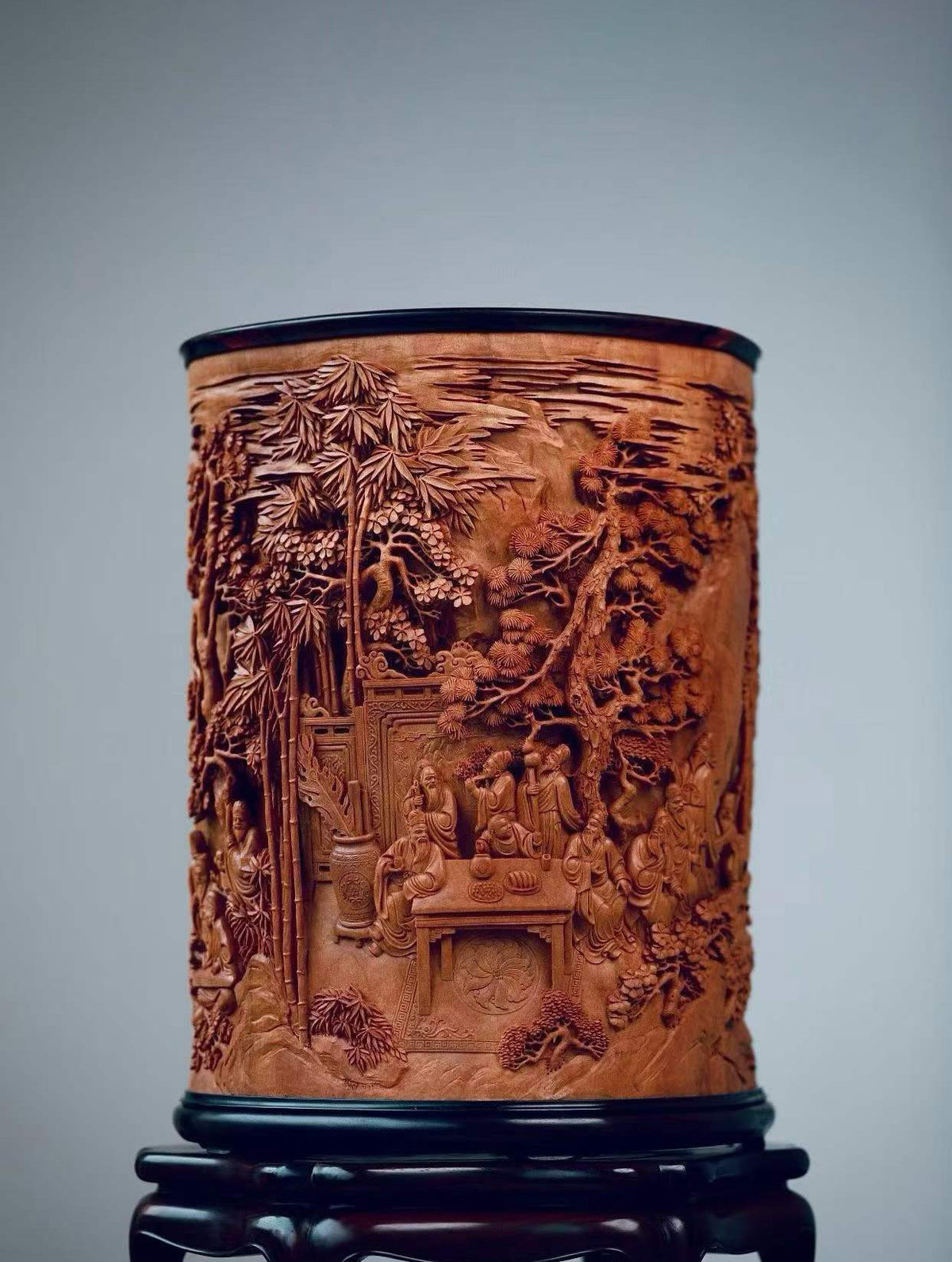 Old‑Sandalwood Brush Pot with Deep‑Relief Carvings of the Eighteen Scholars