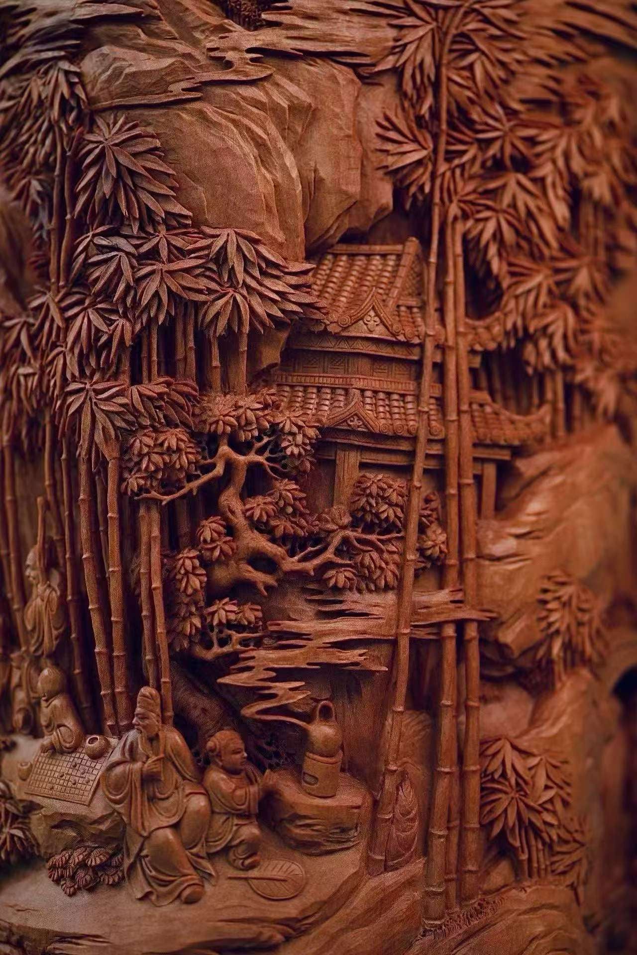 Old‑Sandalwood Brush Pot with Deep‑Relief Carvings of the Eighteen Scholars