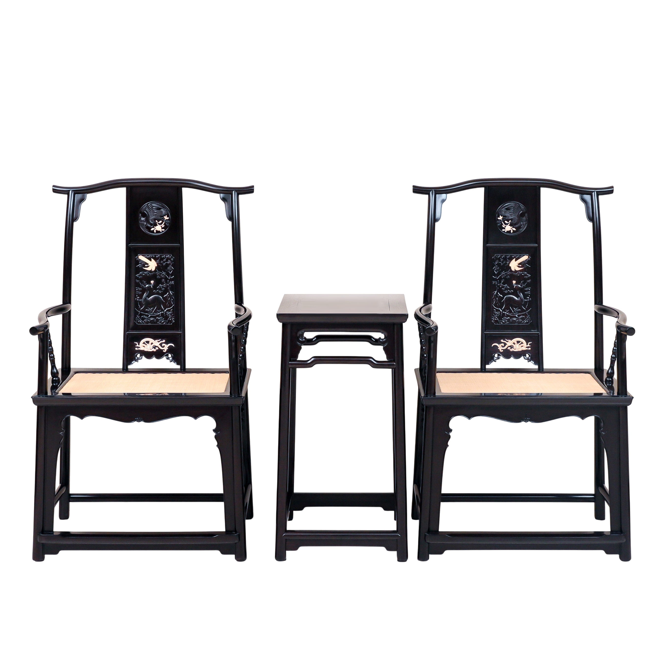 Purple sandalwood inlaid with seahorse ivory, crane and deer symbolizing spring, four-cornered official's hat chair