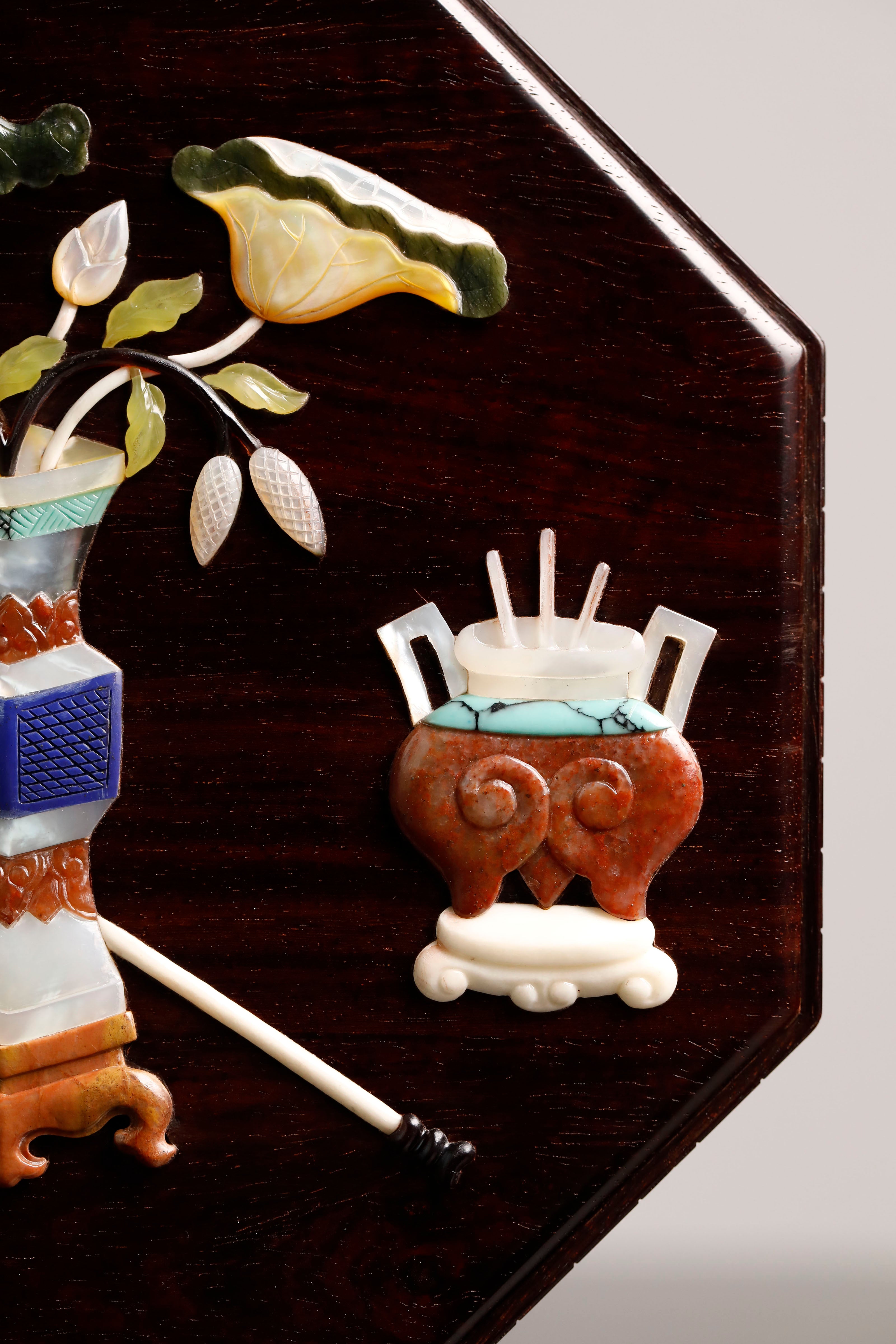 小叶紫檀百宝嵌人间喜乐博古八角提盒