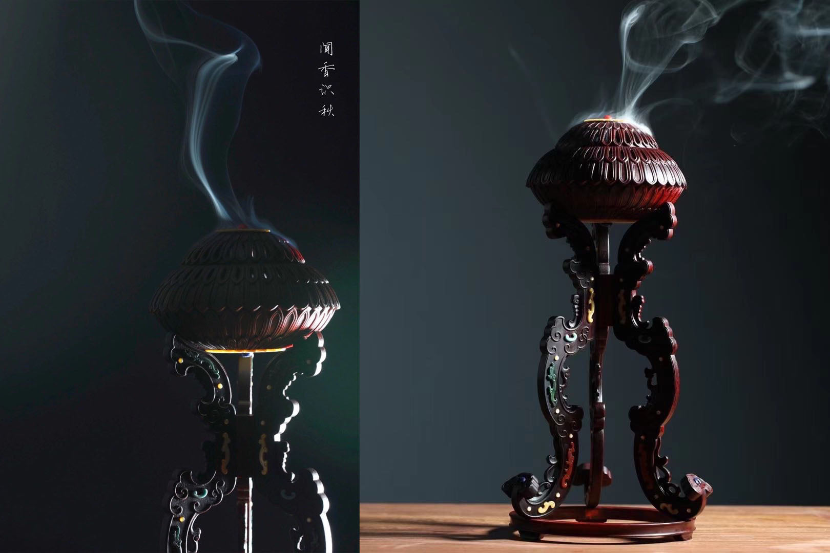 小叶紫檀百宝嵌夔凤纹菊瓣式香熏