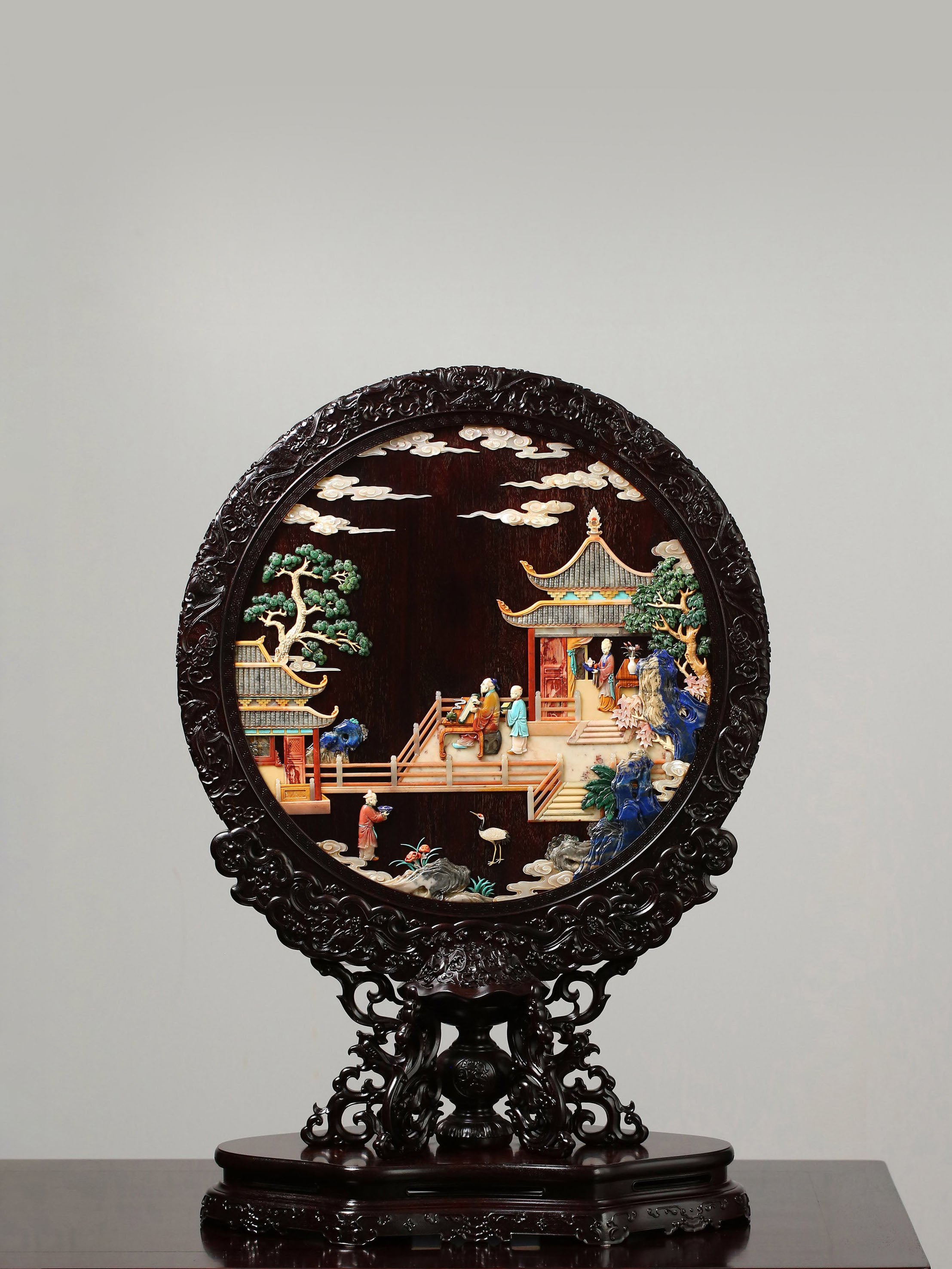 A Zitan Screen Inlaid with Treasures and Featuring a High-Ranking Official