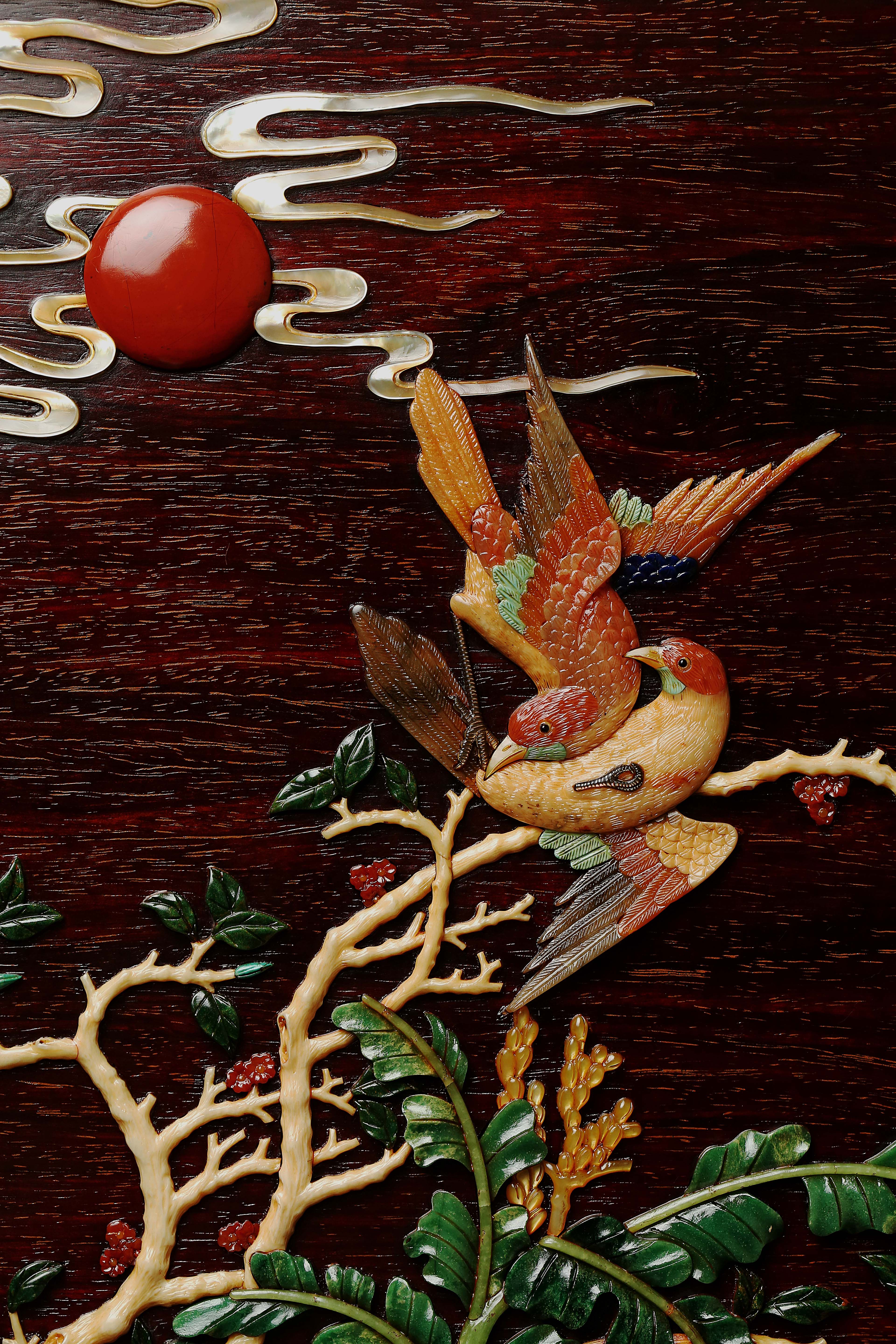 Extra Large Insert Screen with Hundred Birds Inlaid with Treasures