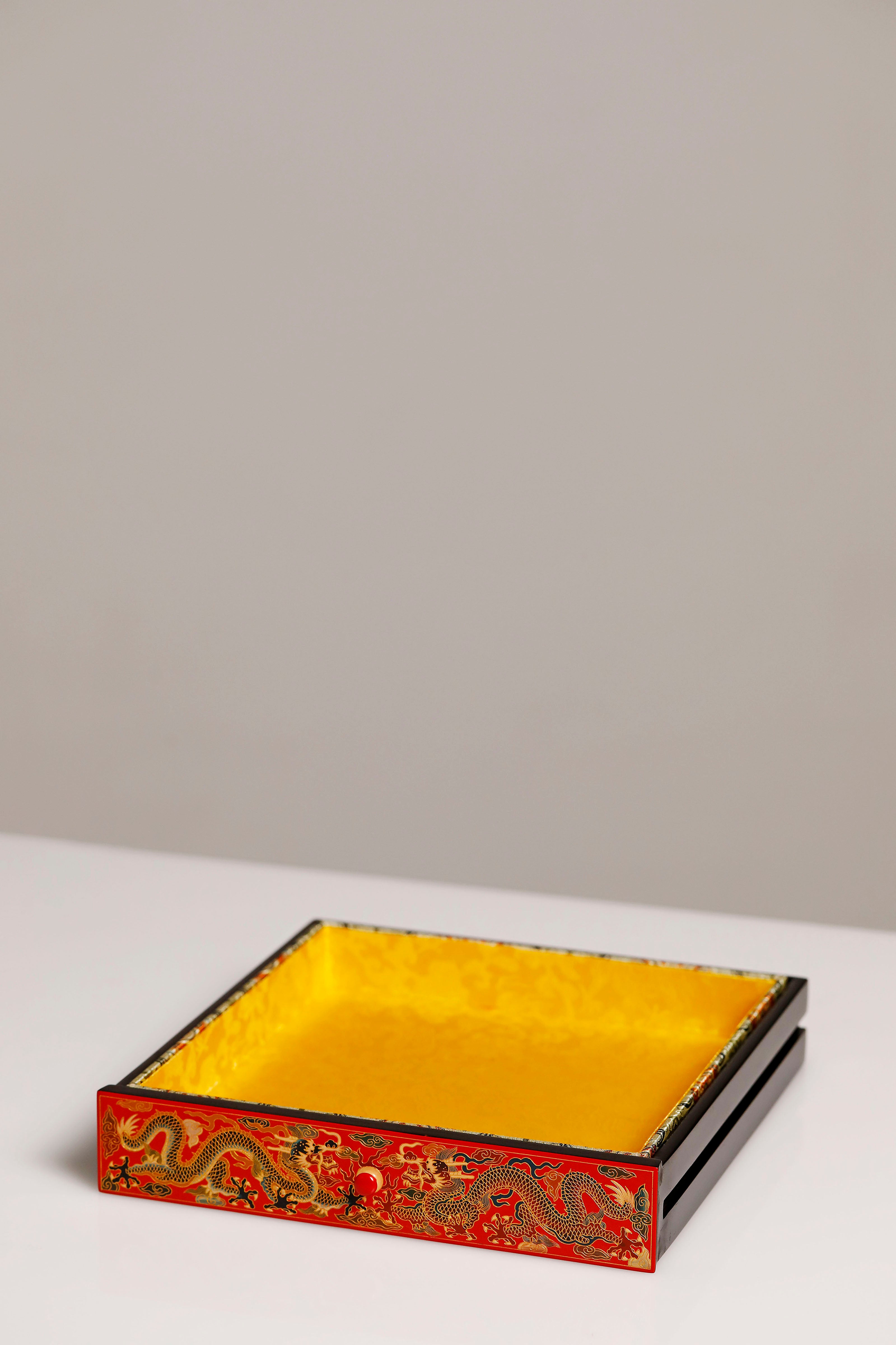 紫光檀双龙戏珠大漆案上五斗茶边柜