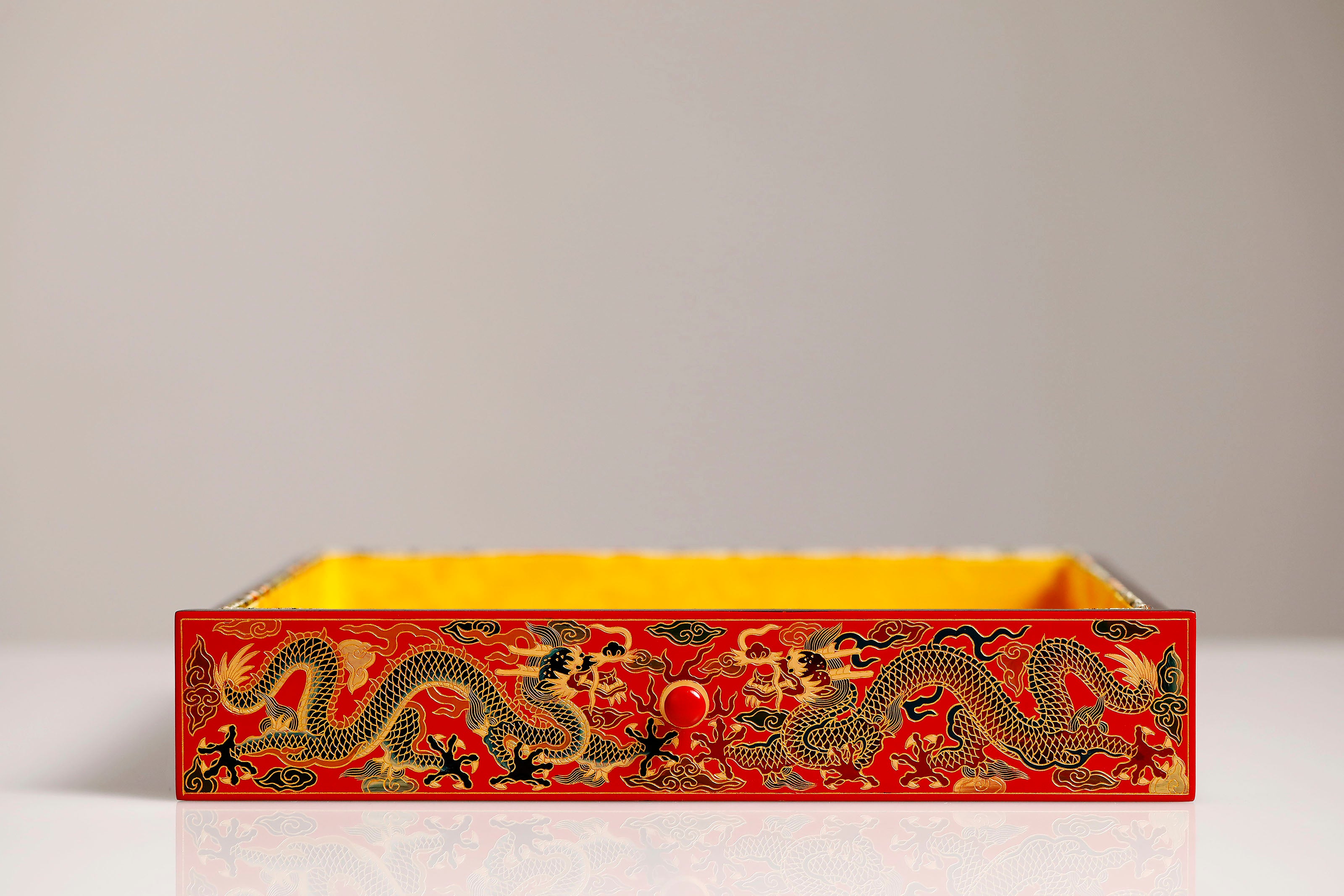 紫光檀双龙戏珠大漆案上五斗茶边柜