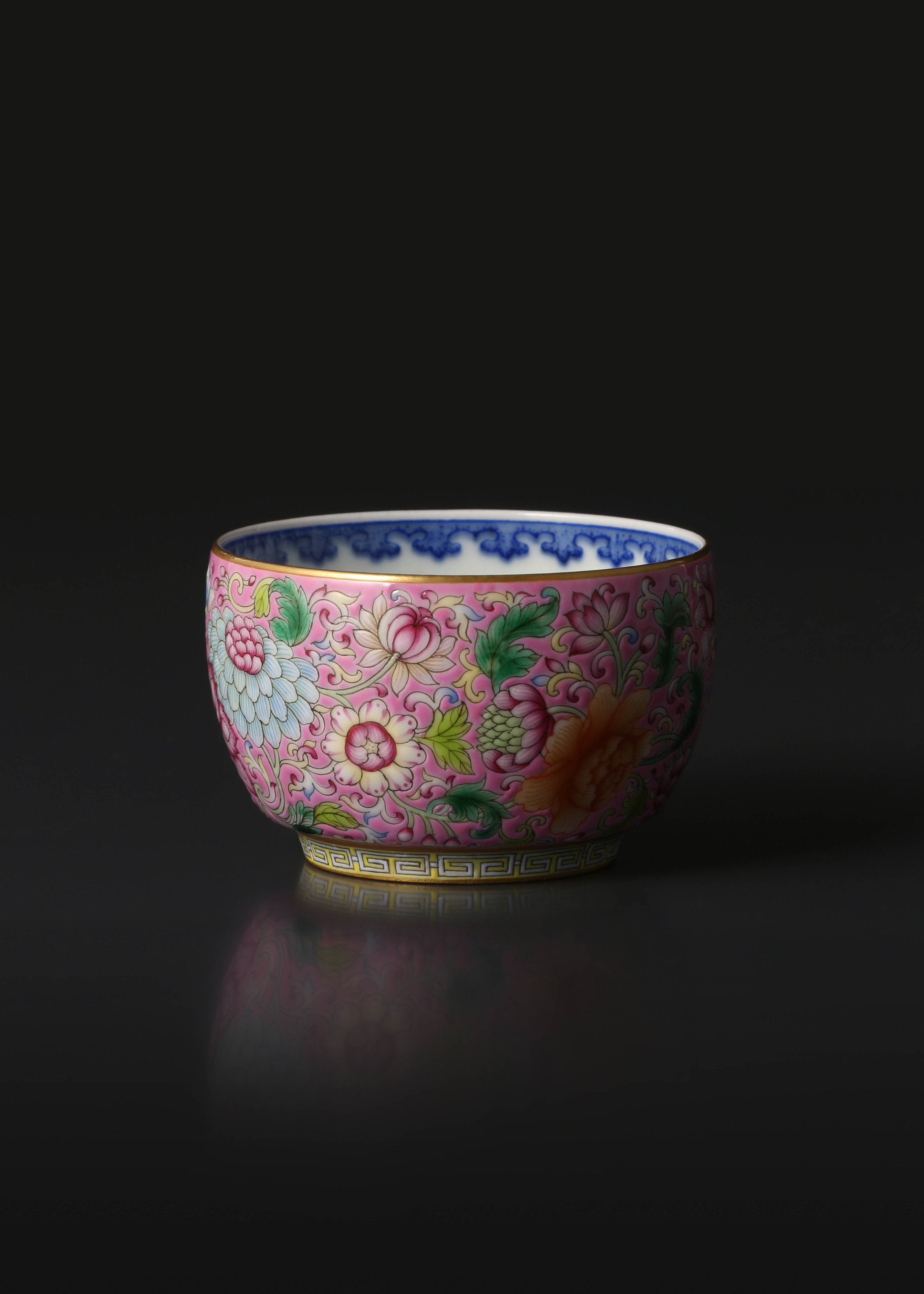 Enamel Tea Cup with Inner Blue-and-White Scrolling Flowers