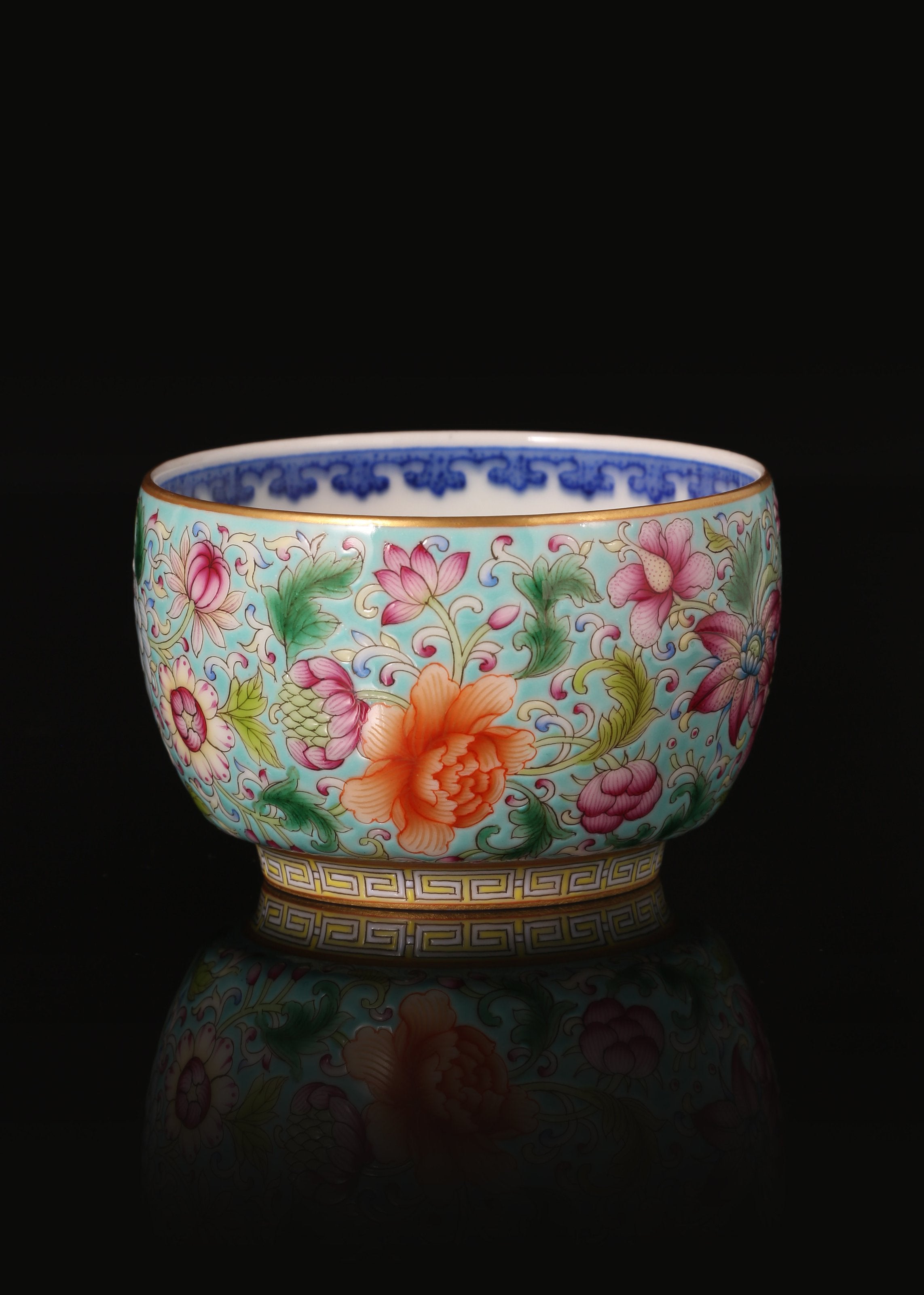 Enamel Tea Cup with Inner Blue-and-White Scrolling Flowers