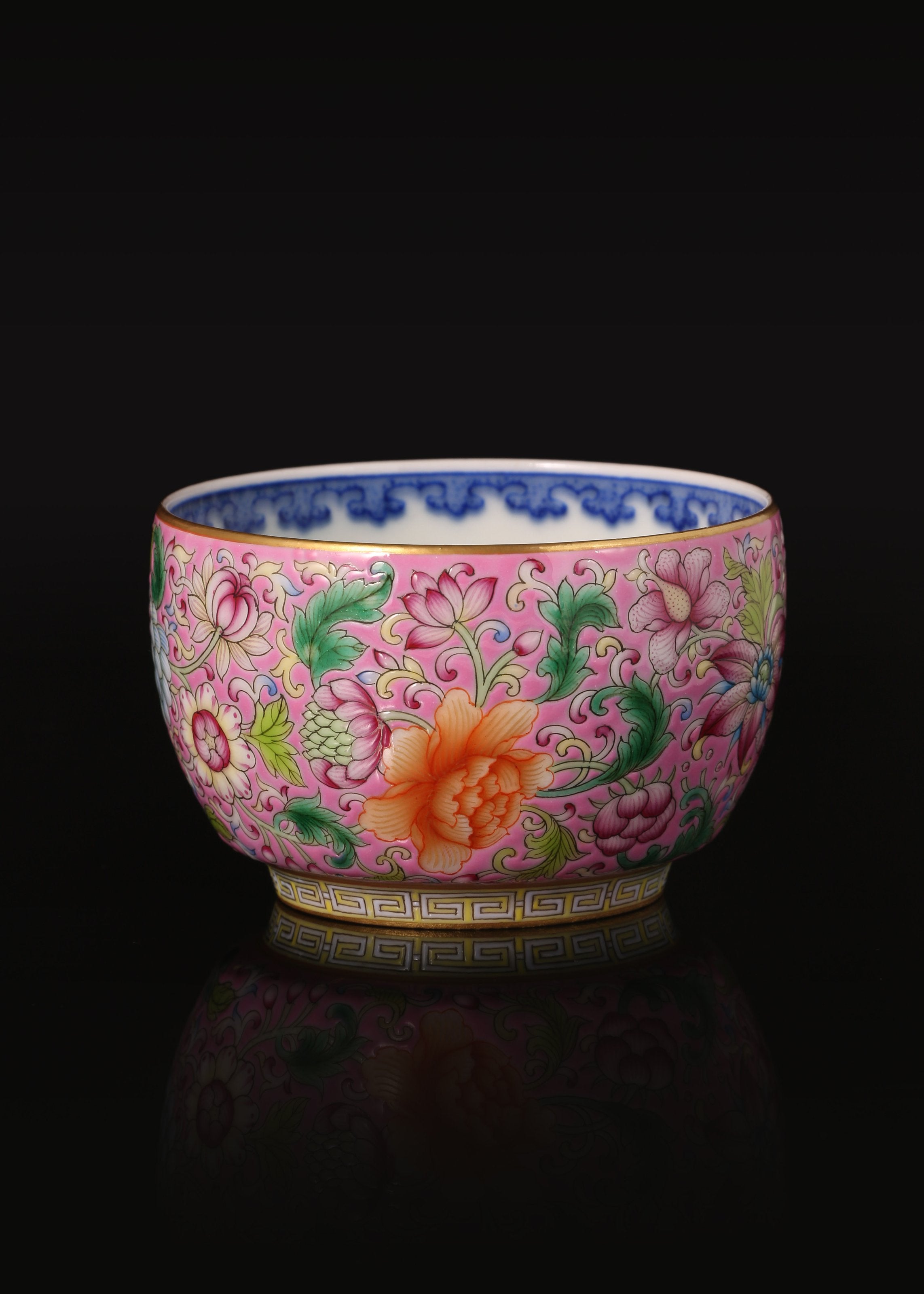 Enamel Tea Cup with Inner Blue-and-White Scrolling Flowers