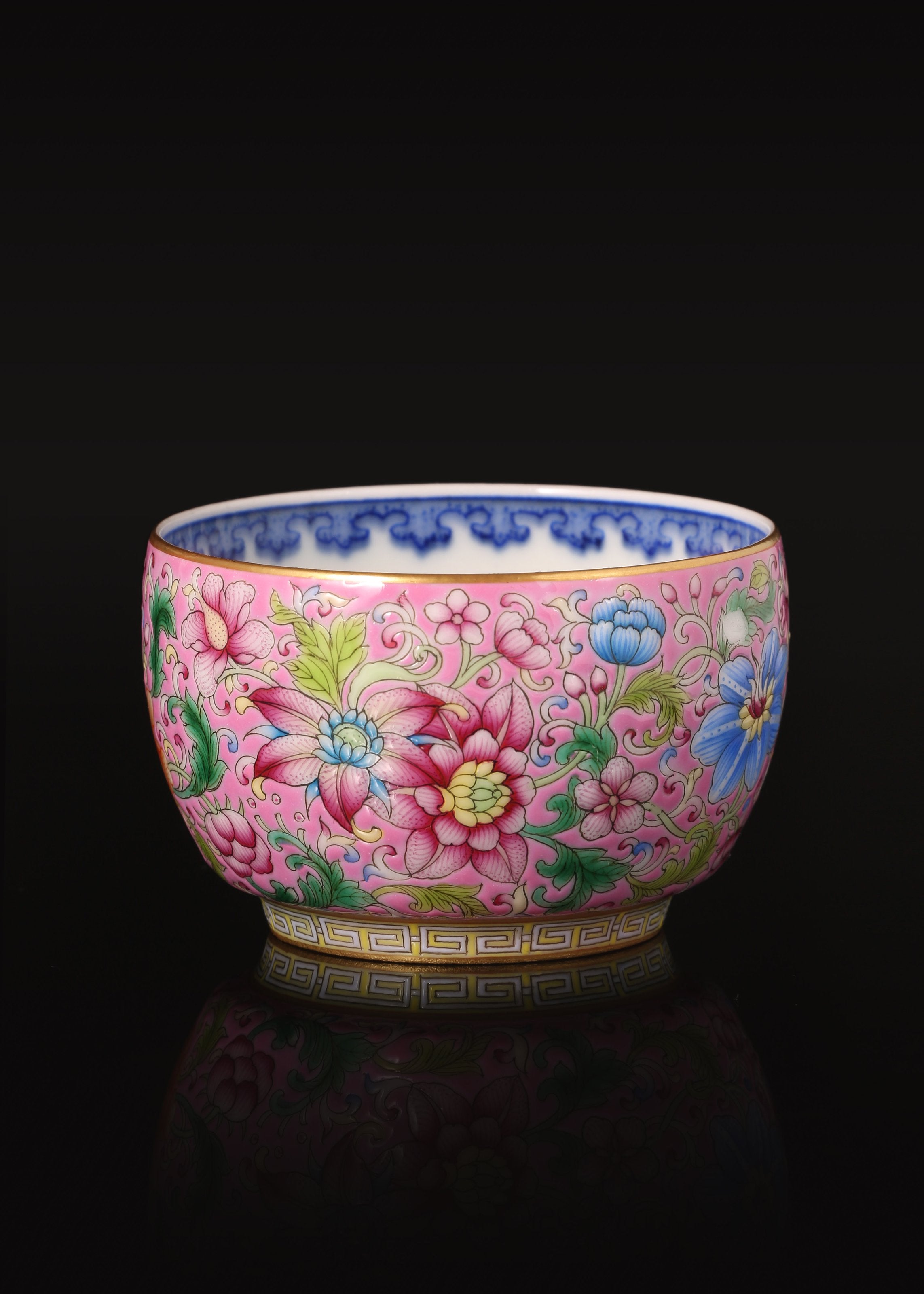 Enamel Tea Cup with Inner Blue-and-White Scrolling Flowers