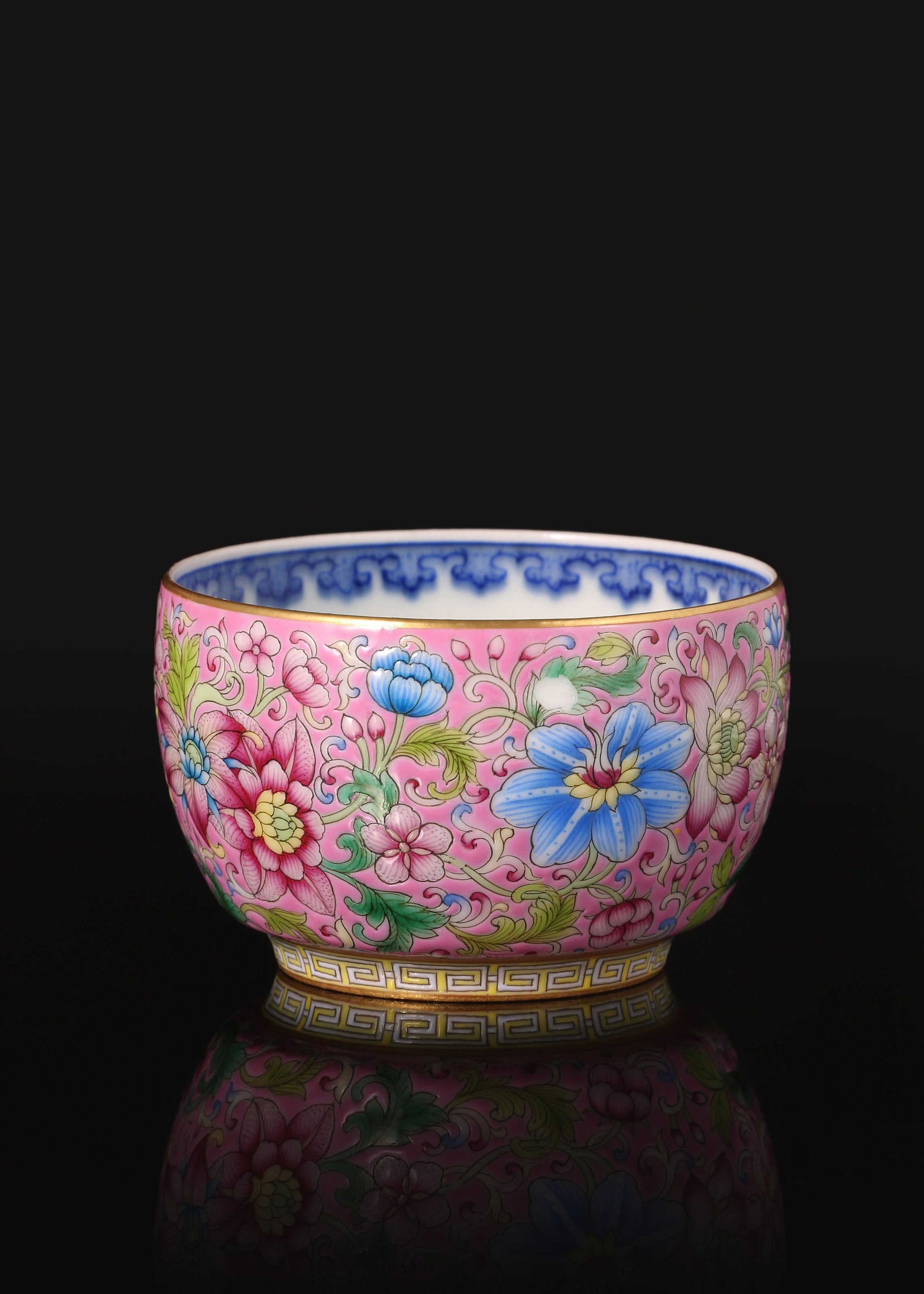 Enamel Tea Cup with Inner Blue-and-White Scrolling Flowers