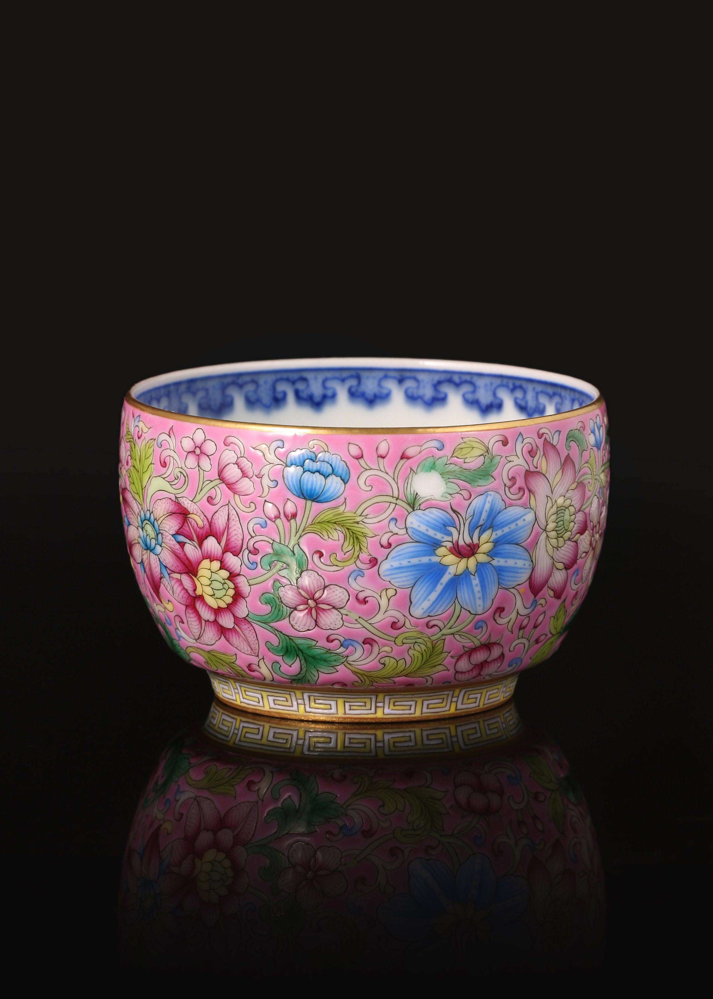 Enamel Tea Cup with Inner Blue-and-White Scrolling Flowers