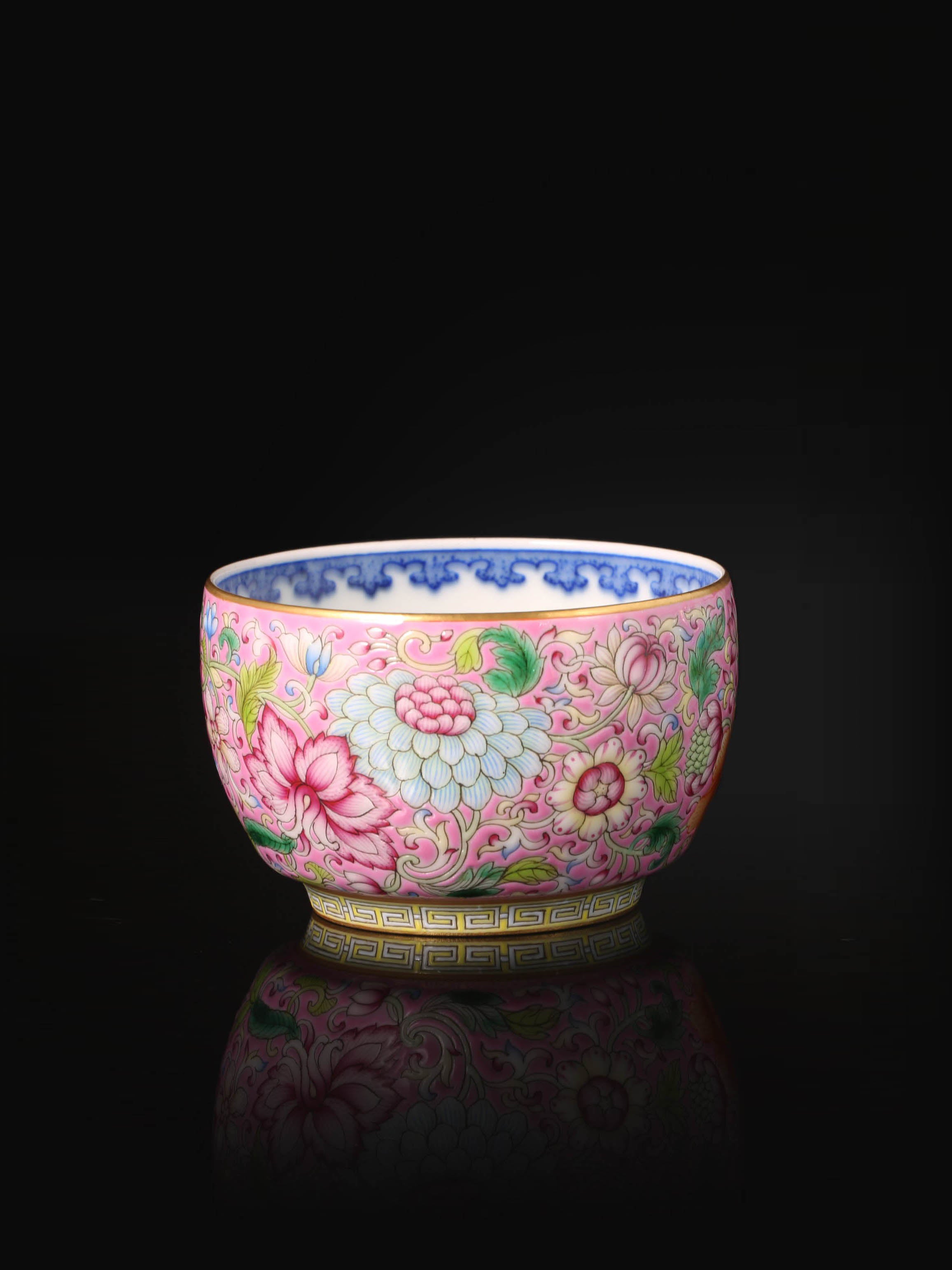 Enamel Tea Cup with Inner Blue-and-White Scrolling Flowers