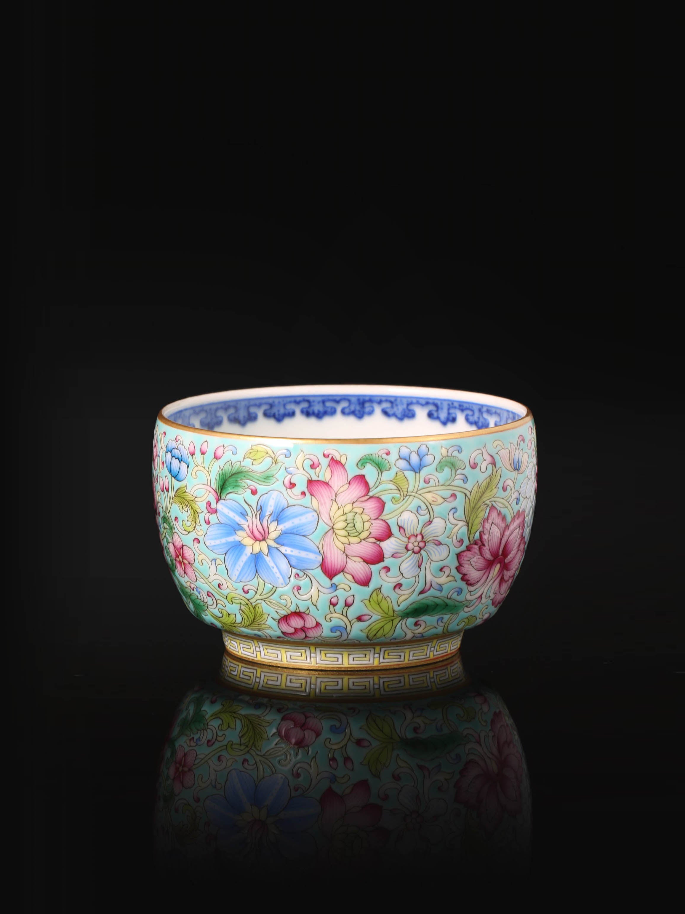 Enamel Tea Cup with Inner Blue-and-White Scrolling Flowers