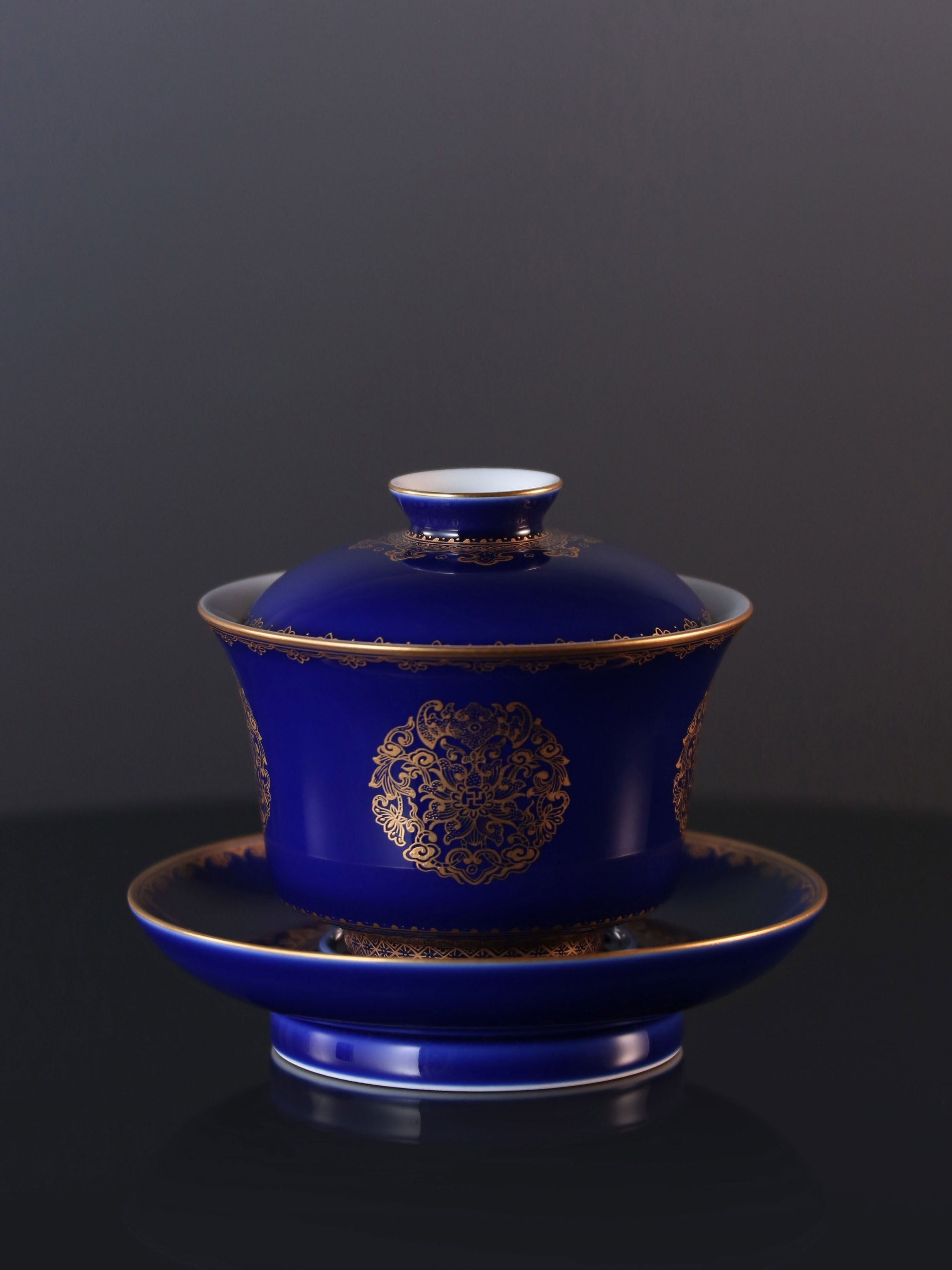 祭蓝堆金福寿康宁三才盖碗/杯