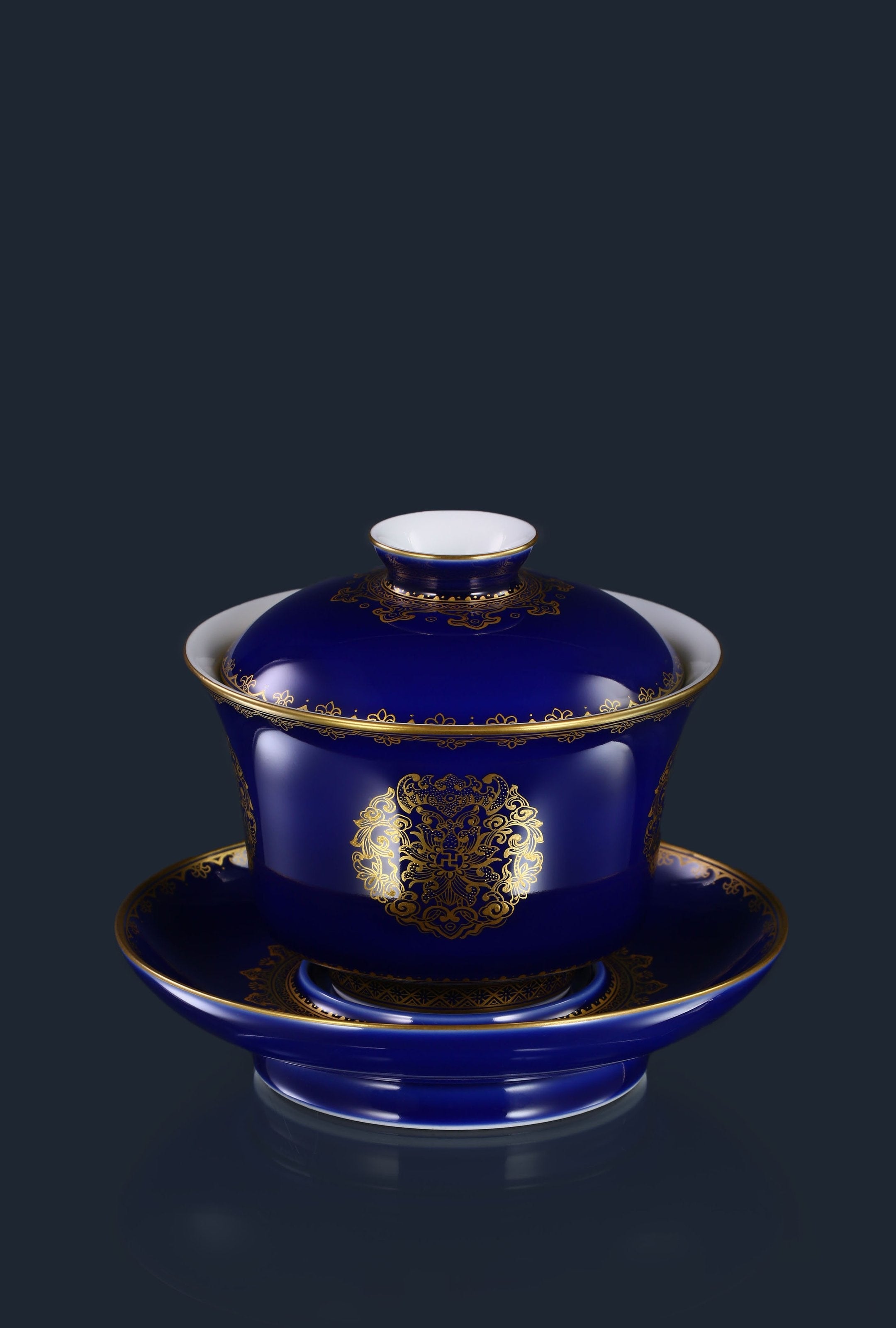 祭蓝堆金福寿康宁三才盖碗/杯