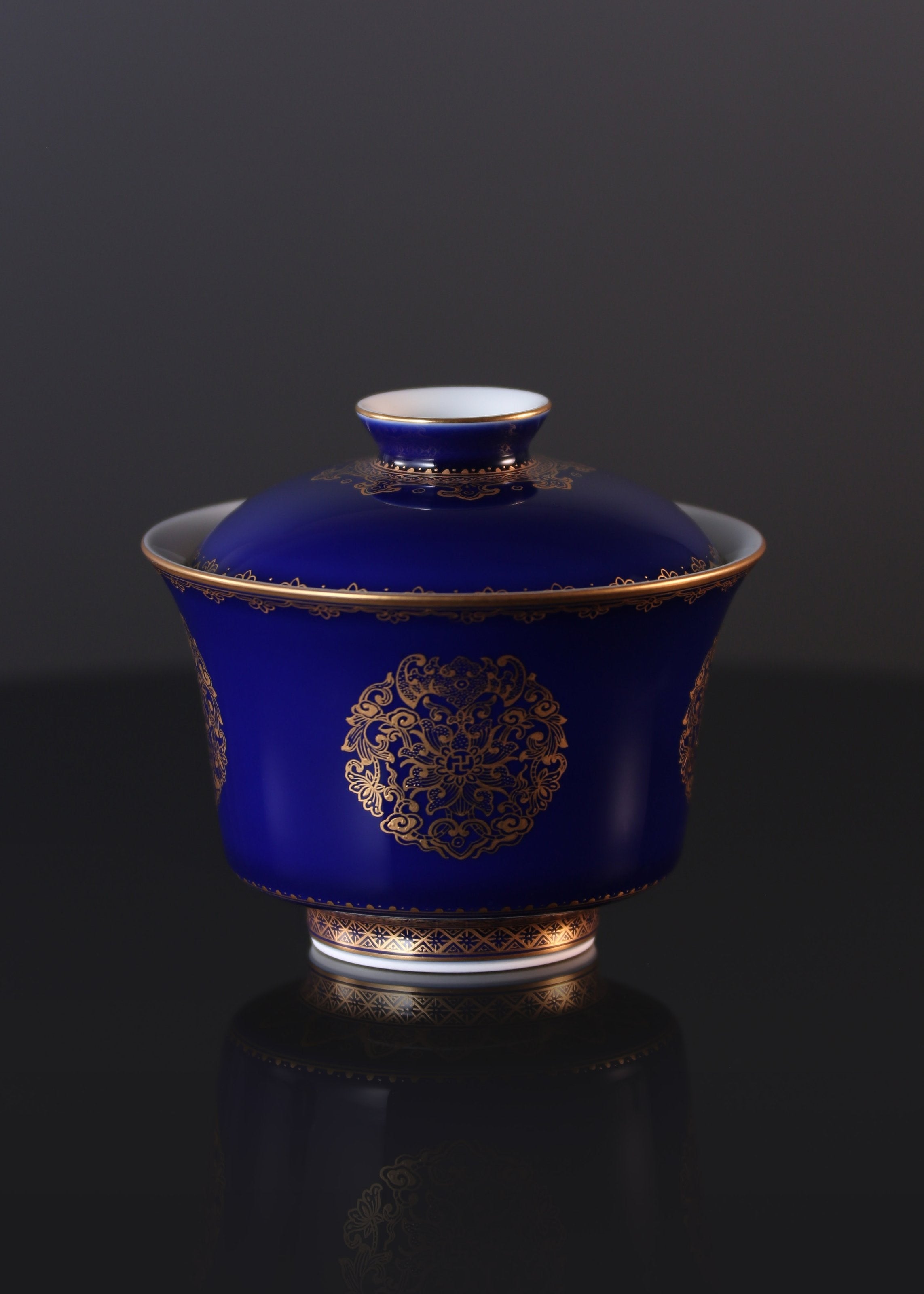 祭蓝堆金福寿康宁三才盖碗/杯