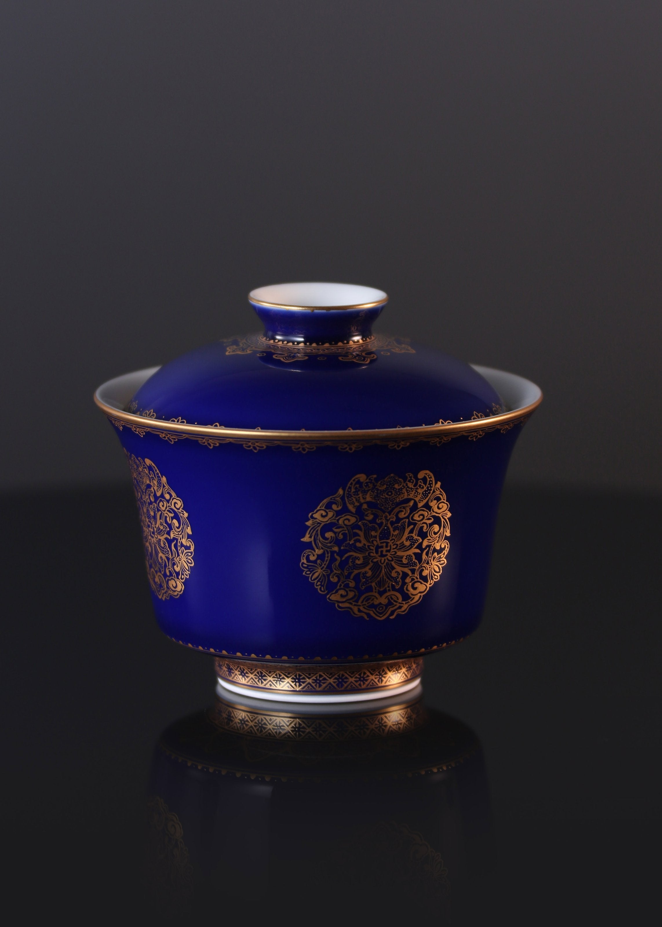 祭蓝堆金福寿康宁三才盖碗/杯