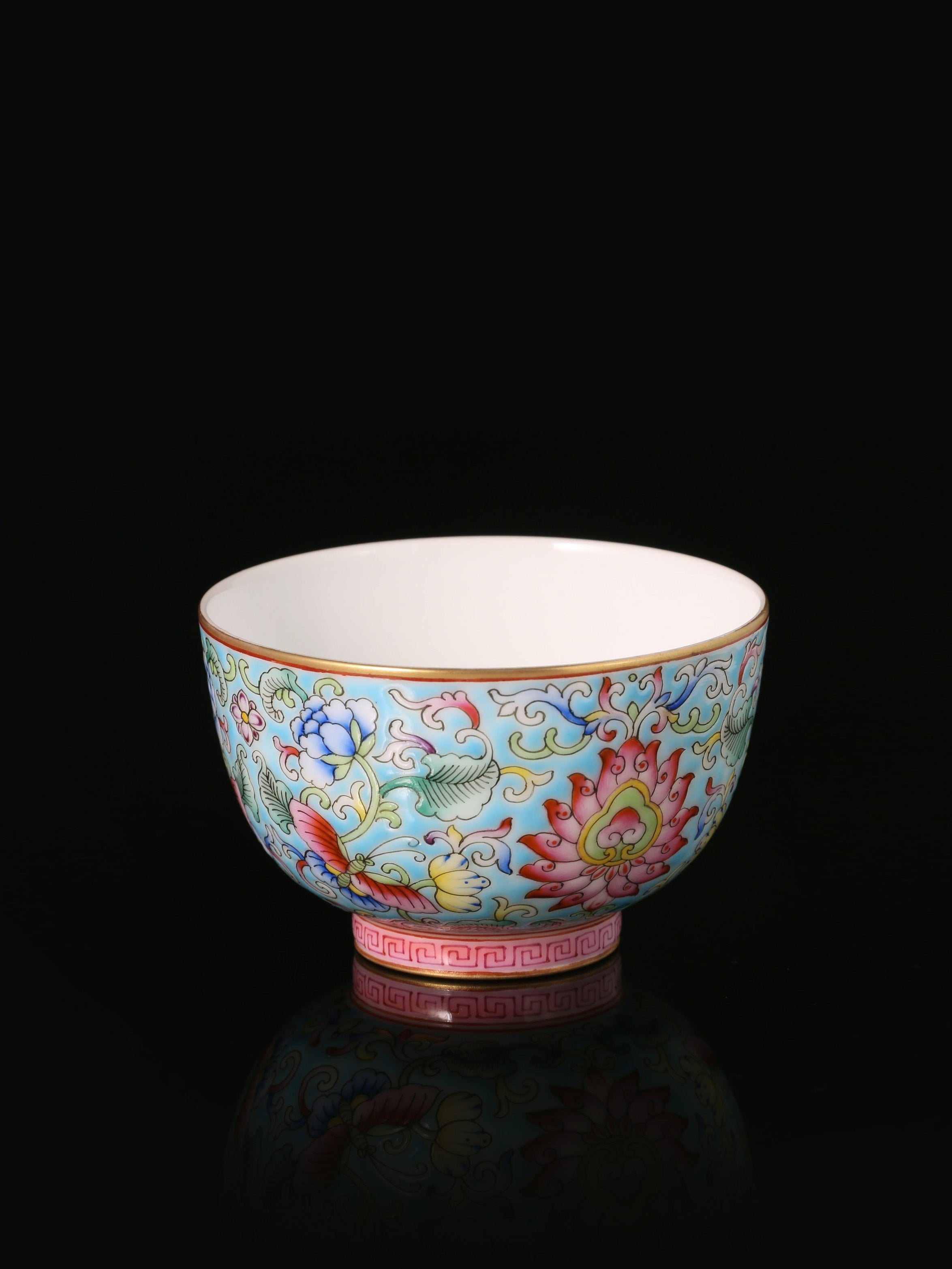 Enamel Tea Cup with Scrolling Flowers, Grasses and Lotus Patterns