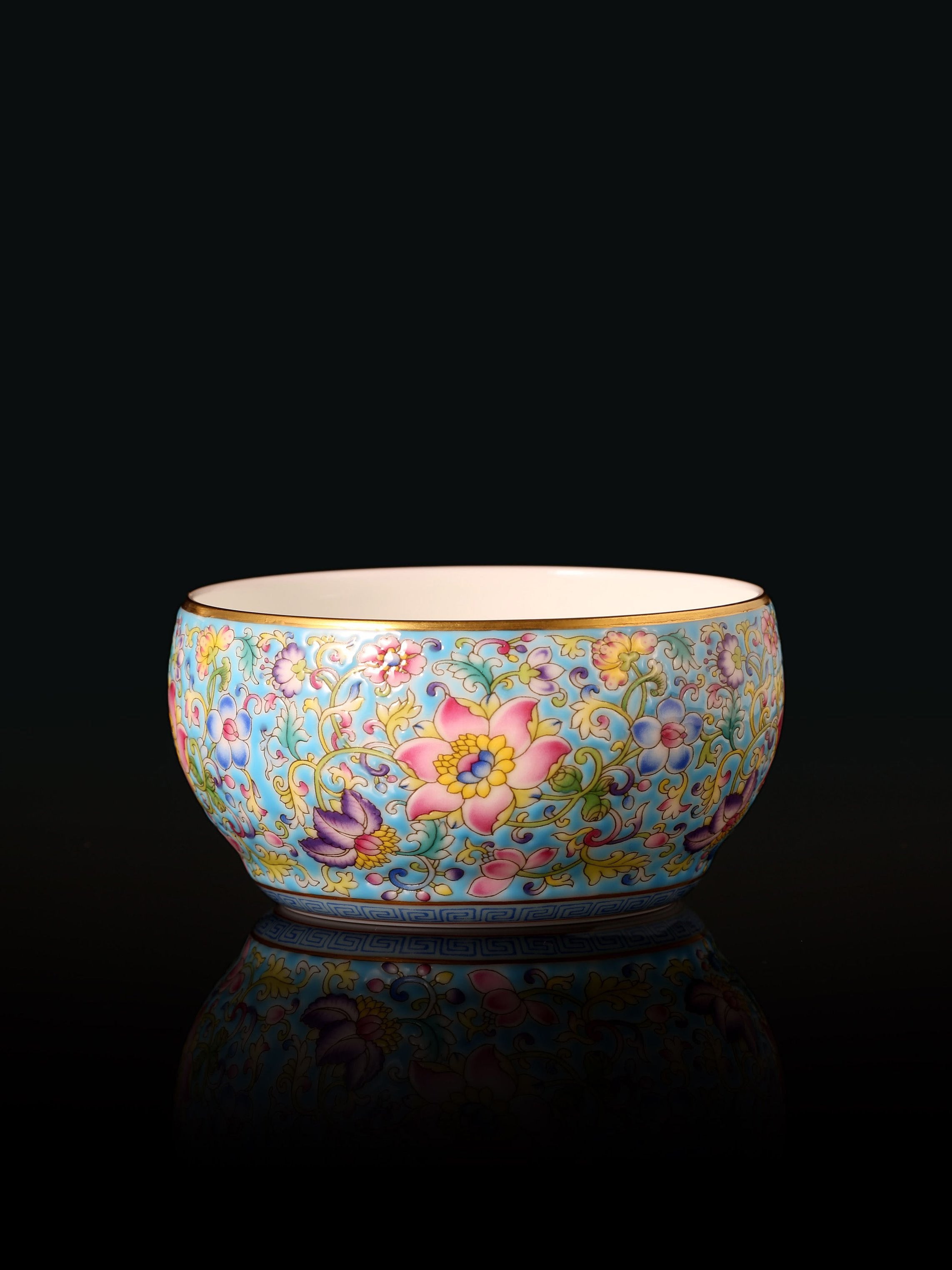Enamel Waist Drum Cup with Interlocking Lotus Patterns