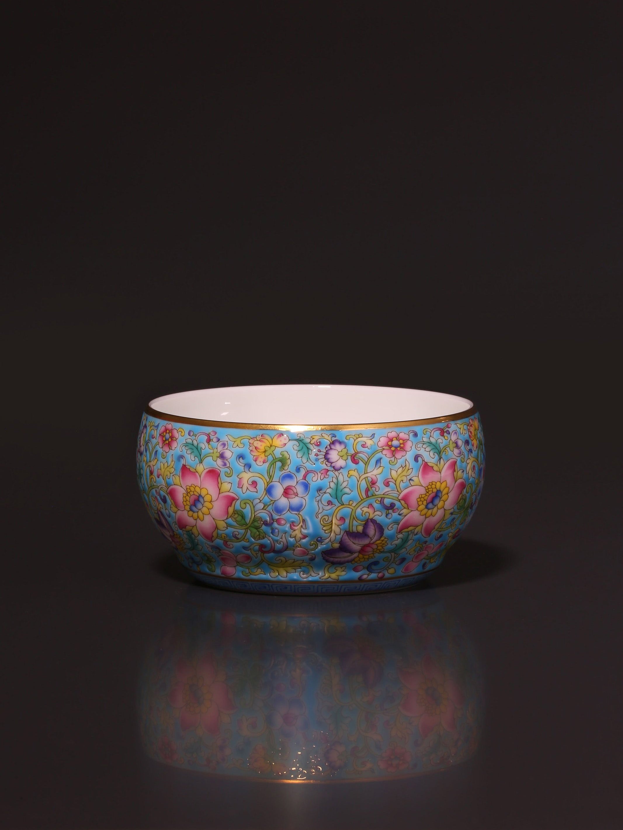 Enamel Waist Drum Cup with Interlocking Lotus Patterns