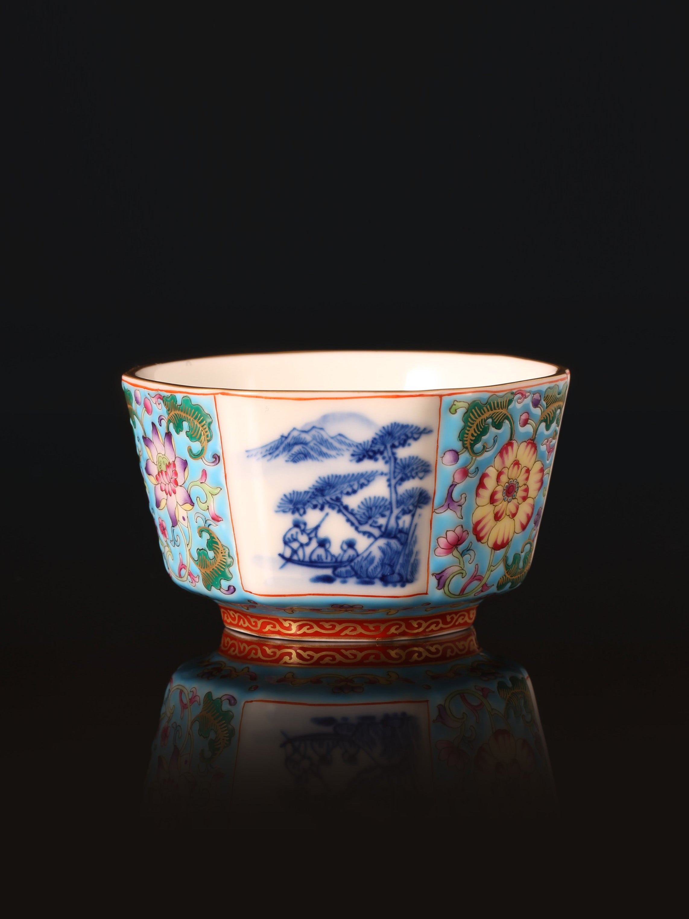 Enamel Hexagonal Cup with Open-Window Landscape
