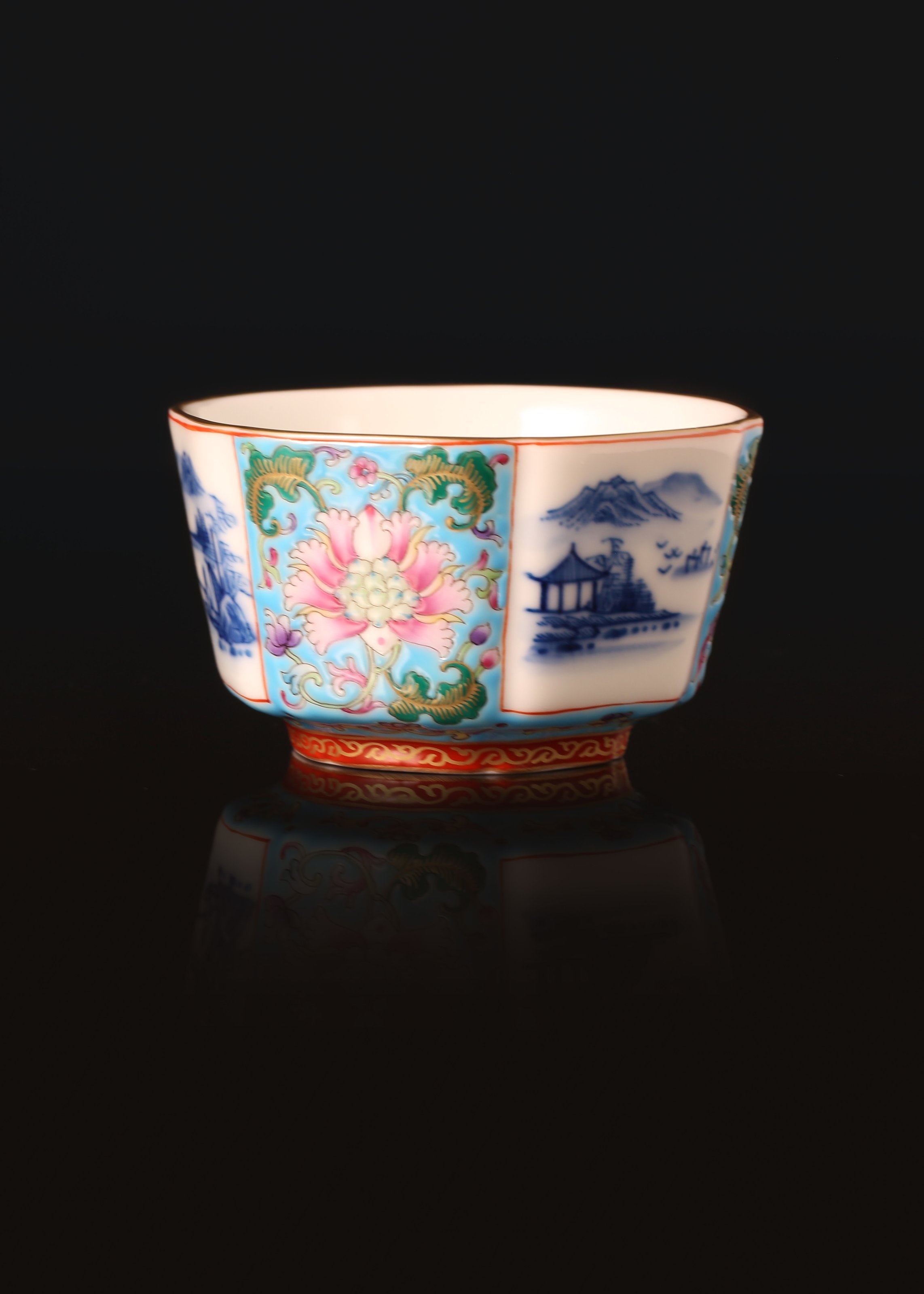 Enamel Hexagonal Cup with Open-Window Landscape