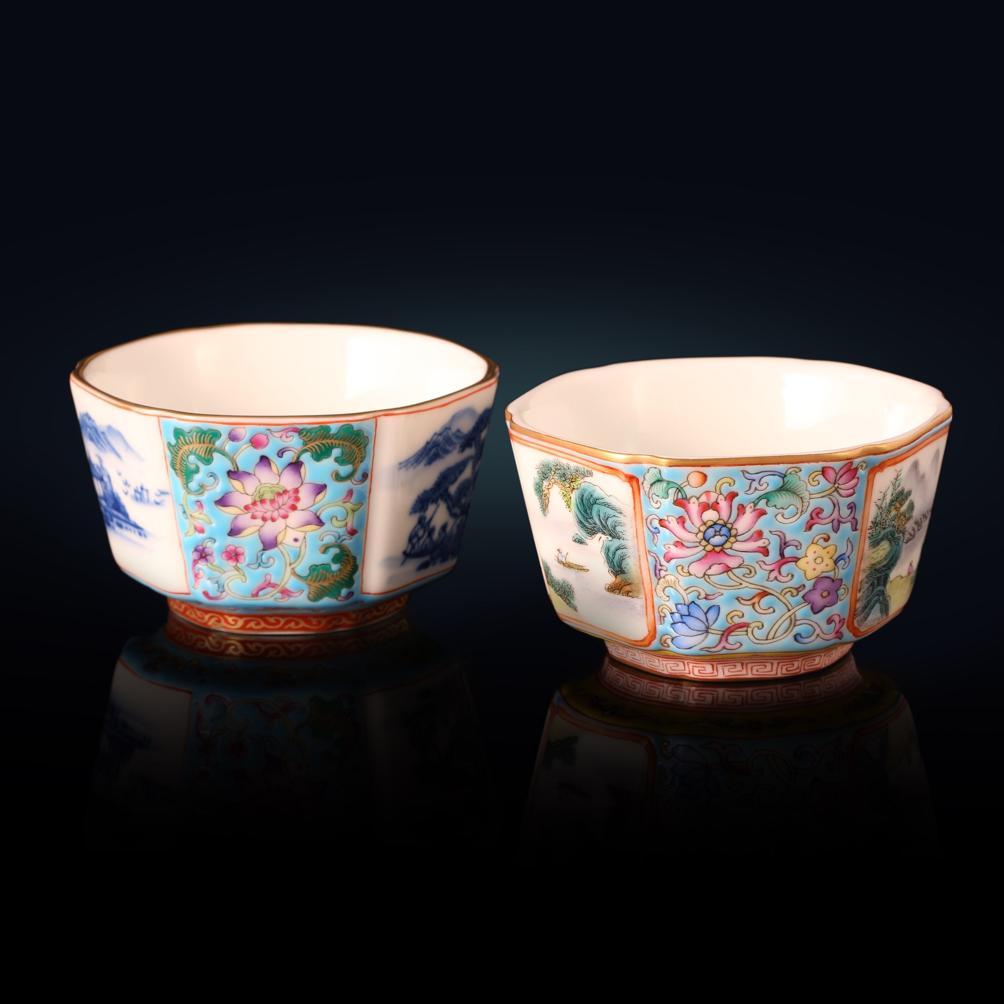 Enamel Hexagonal Cup with Open-Window Landscape